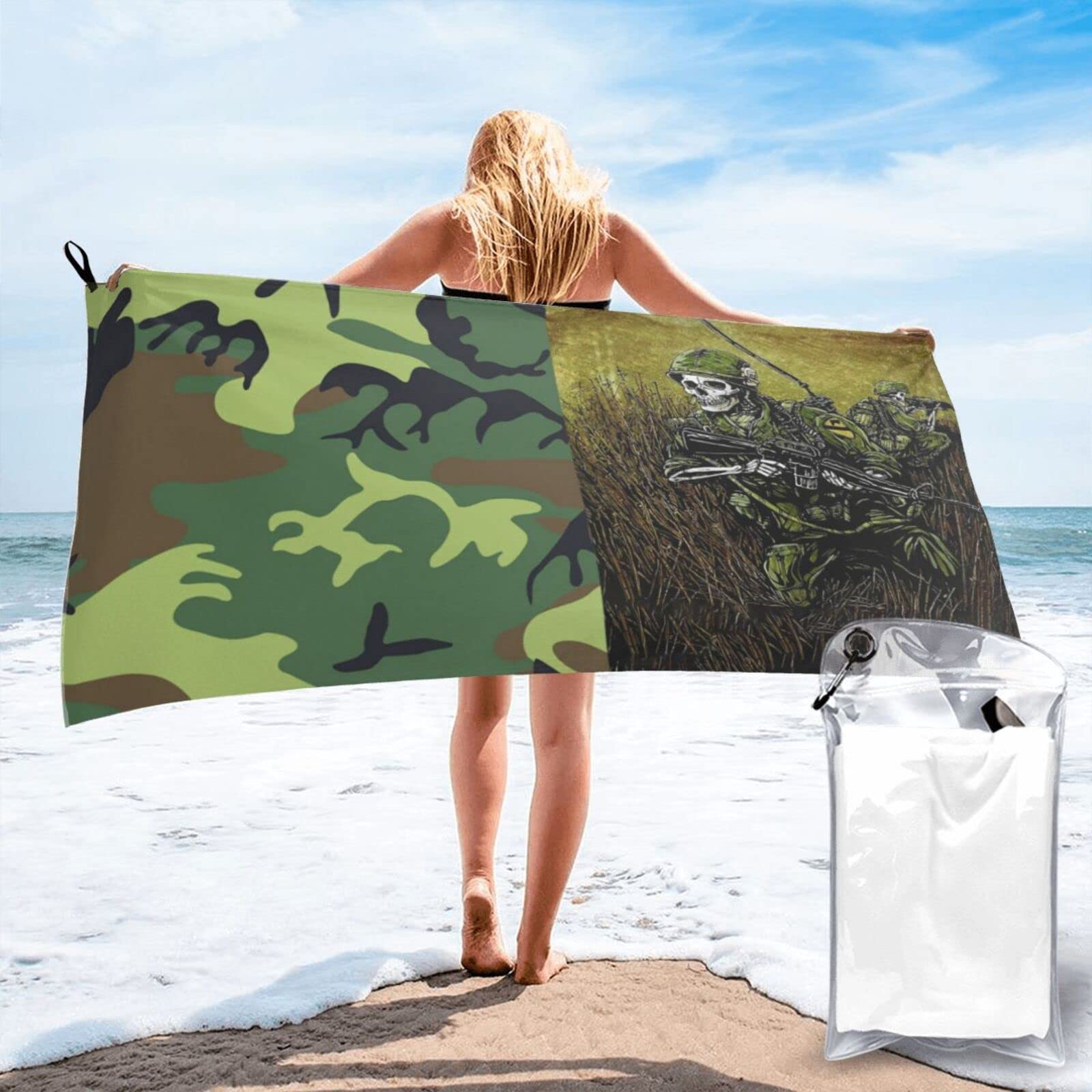 Lawenp Camo Skull Microfiber Beach Towel Adults Large Quick Drying Bath Towel Travel Towels with Pouch 27.5"x55"