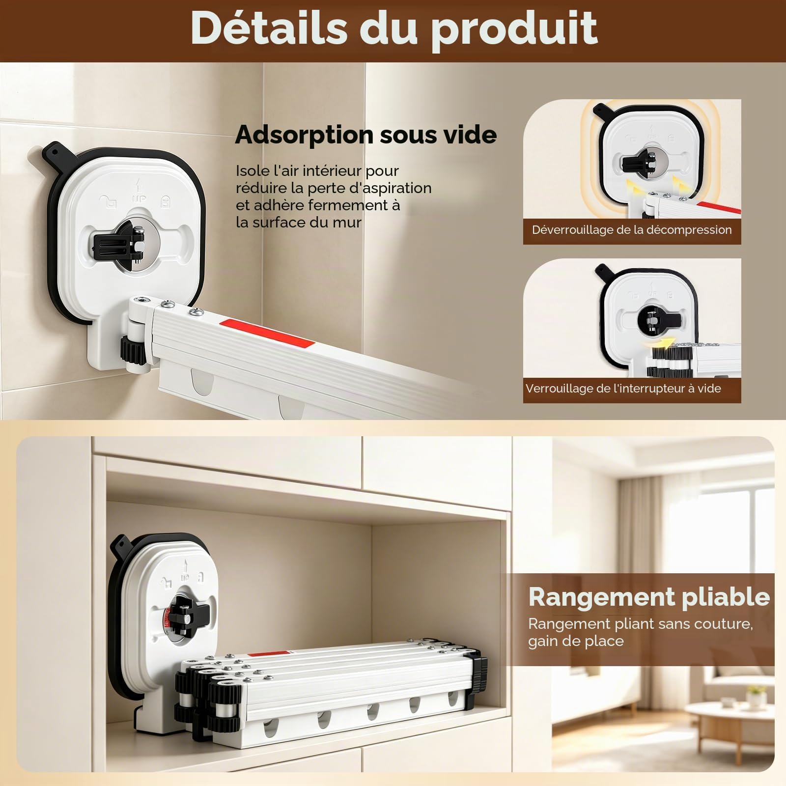 Rideau De Douche Sans Perçage,En Forme De L/U,5 Plis,190 cm | Ventouse Puissante,Tringle À Rideau De Douche Pliable Avec Ventouse,Tringle À Rideau De Douche Pour Douches D'Angle,Blanc