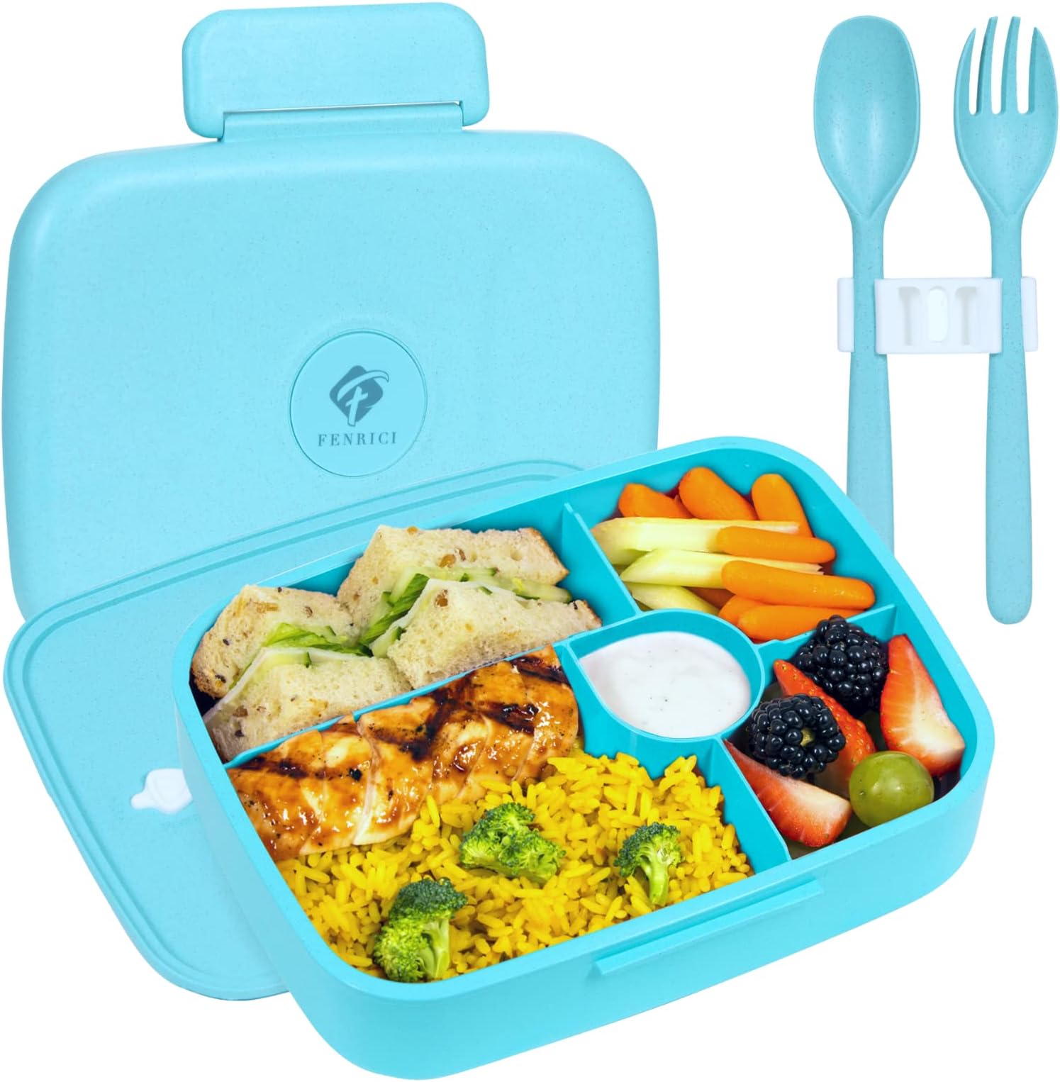 Bento Box Lunch Box For Kids and Teens, Made with Wheat Straw, 5 Leakproof Compartments, BPA-Free Bento Box, Microwave and Dishwasher Safe, Pastel Blue, Blue
