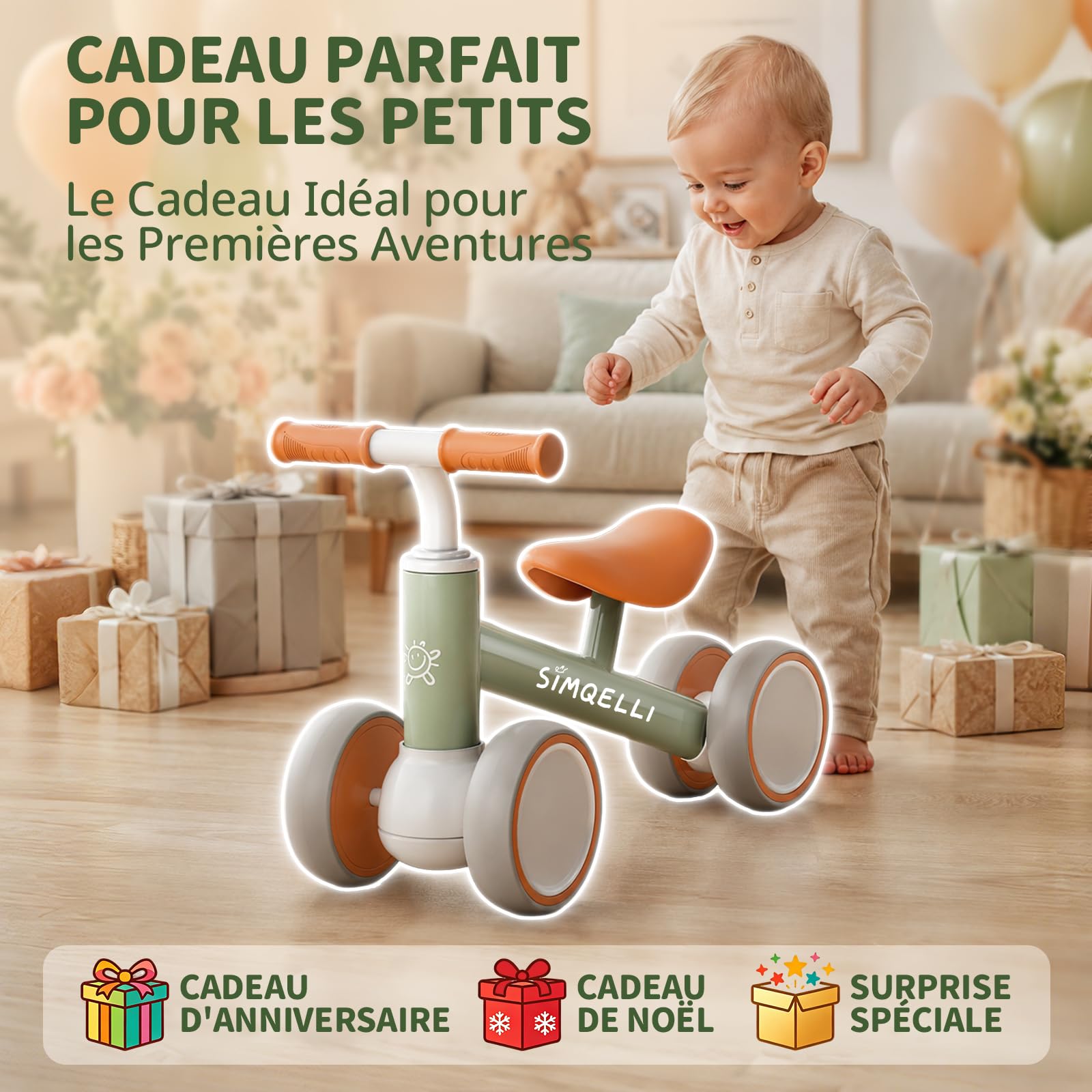 Draisienne Bebe 1 an, Jouet Enfant pour 10-24 Mois, Vélo sans Pédales, Porteur Enfant 1 an, 4 Roues Vélo d'équilibre pour Garçons et Filles, Premier Cadeau Bébé Anniversaire Noel