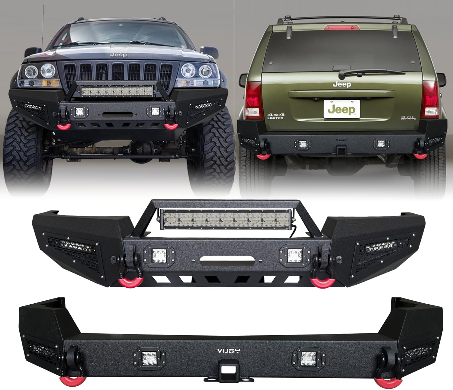 Front and Rear Bumper Texture Black w/Winch Plate & 9 LED Lights & D Ring Compatible with 1999-2004 Jeep Grand Cherokee WJ