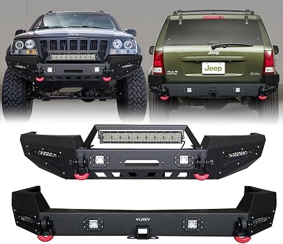 Front and Rear Bumper Texture Black w/Winch Plate & 9 LED Lights & D Ring Compatible with 1999-2004 Jeep Grand Cherokee WJ
