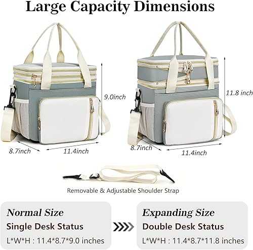 Miniatura 6 de Lonchera para mujereshombres, bolsa de almuerzo aislada, bolsa enfriadora doble expandible, lonchera reutilizable para adultos con correa de hombro