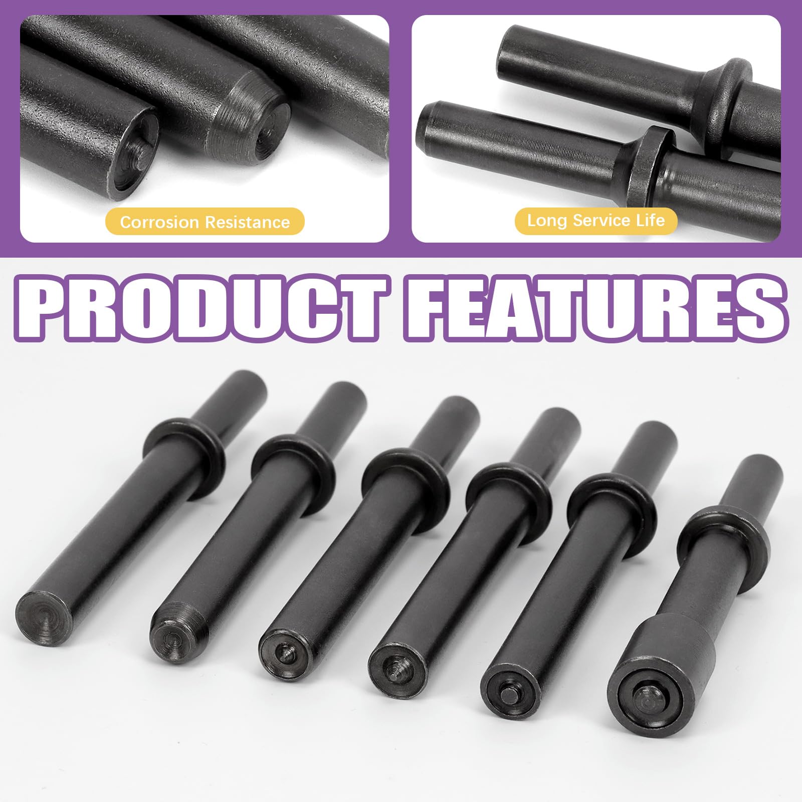 Swpeet 7Pcs Carbon Steel Heavy Duty Smoothing Pneumatic Air Rivet Hammer Tools Kit with Spring,Air Hammer Rivet Bit Set Tools Kit for Hollow Solid Half-Hollow Rivet - Image 3