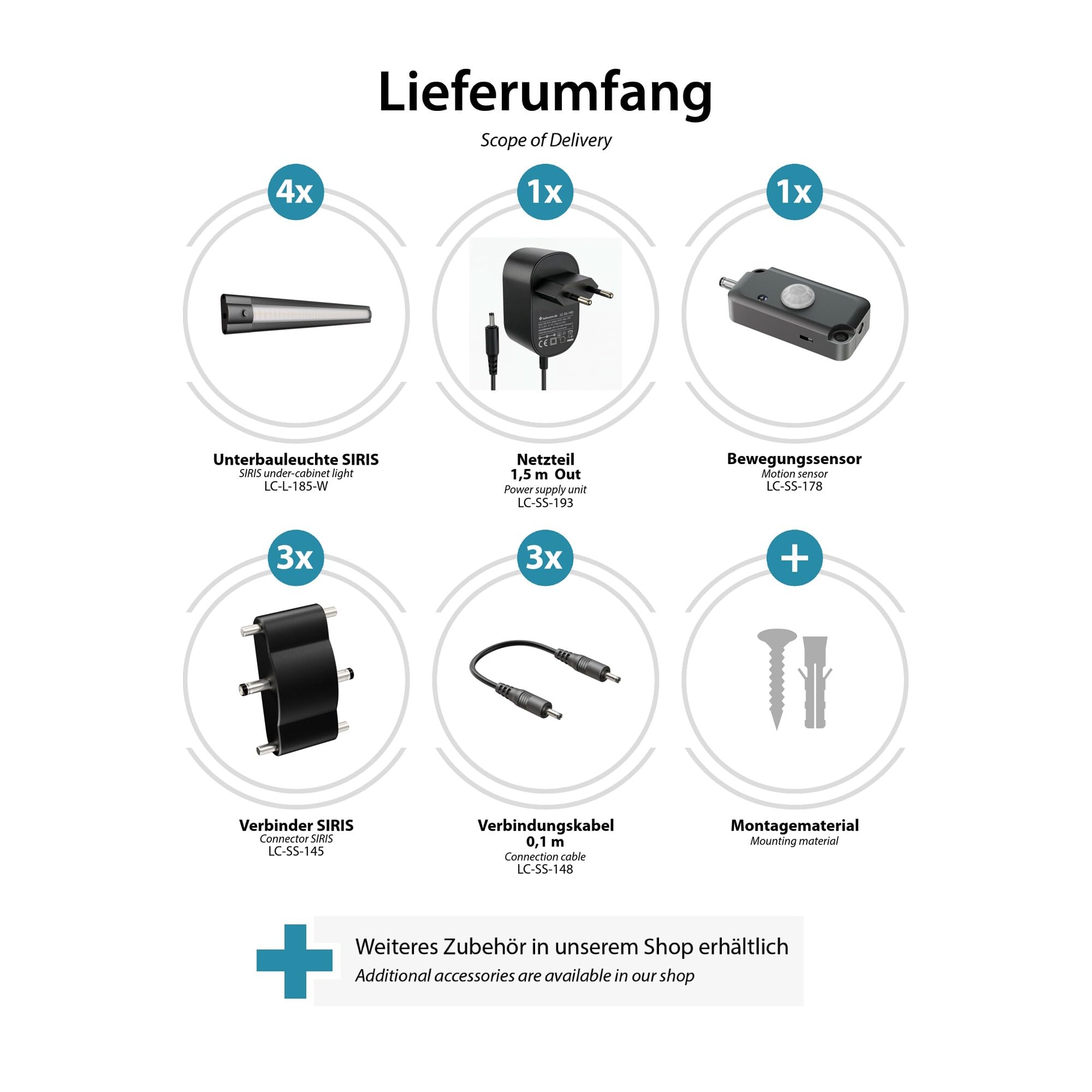 ledscom.de 4er Set LED Unterbau-Leuchte SIRIS schwarz matt mit Bewegungsmelder, flach, je 30cm, je 370lm, weiß