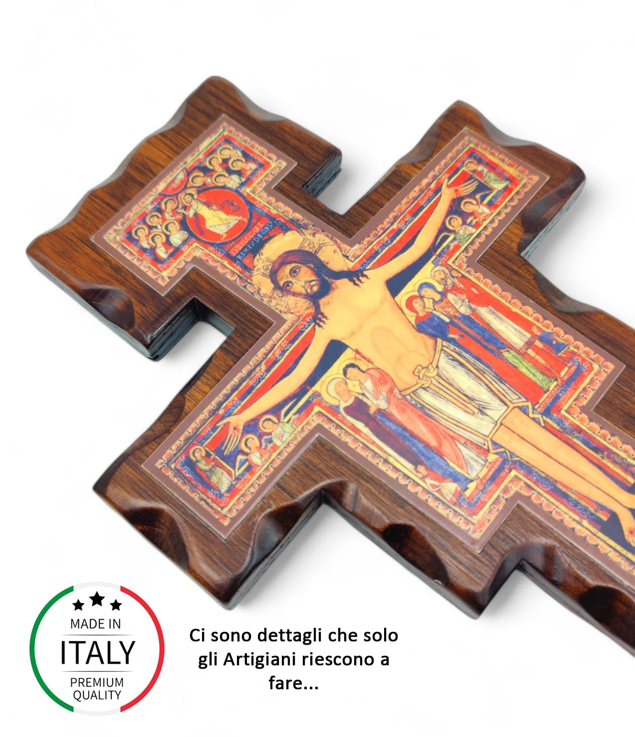 Croix San Damiano La Balestra en Bois Mural 19x14 Fabriqué en Ombrie Italie