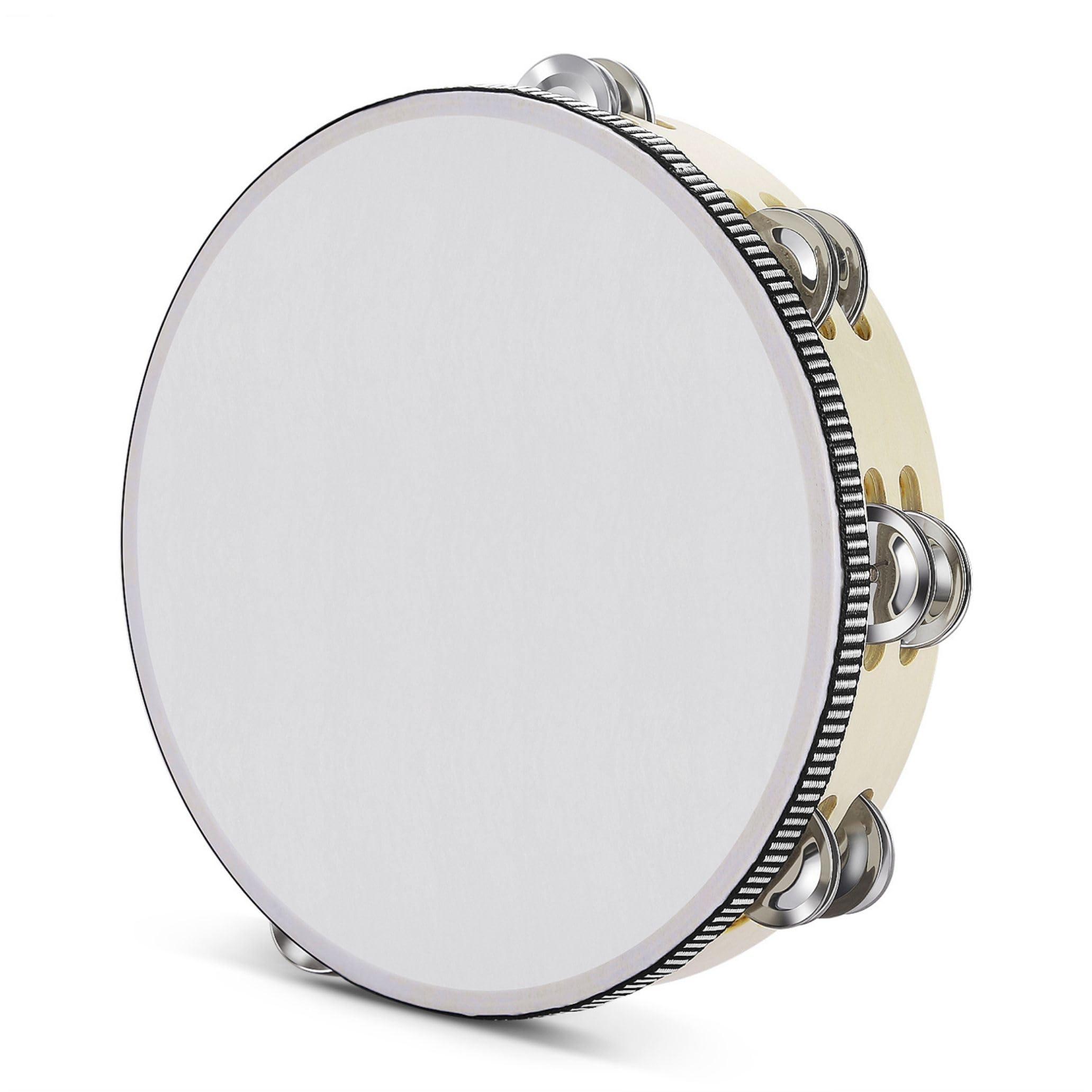 Flexzion Wood Handheld Tambourine for Adults 10-Inch Double Row 8-Pair Jingles (Wood)