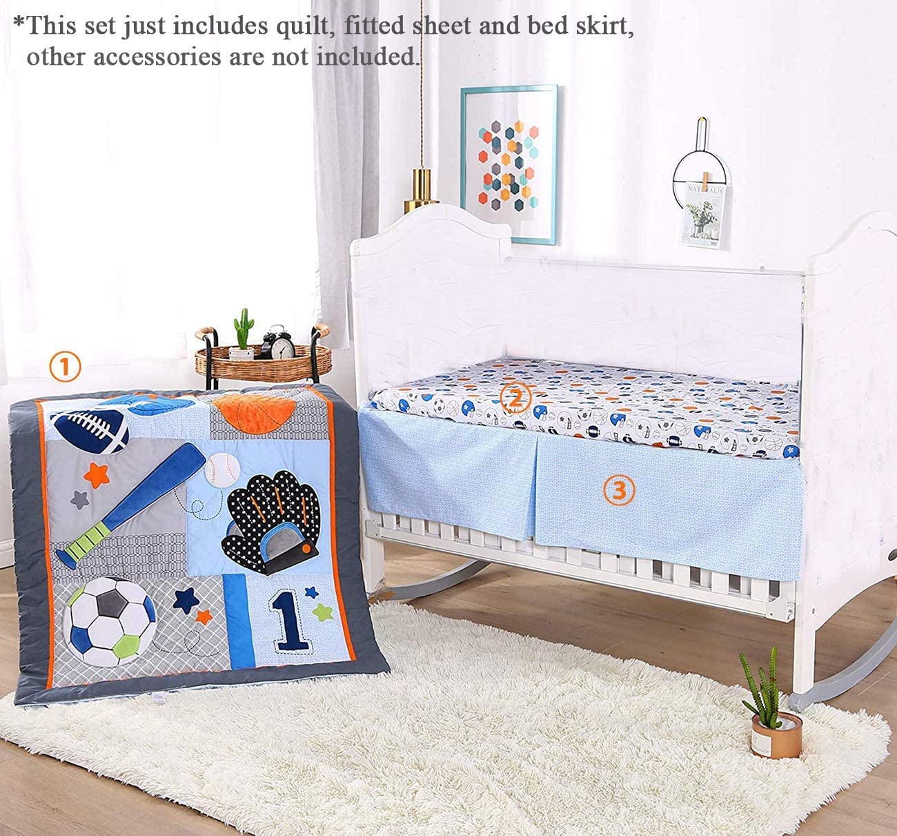 Juego de ropa de cama de algodón para bebés niños 3 PC Blue Cuna Set-Sports Baseball