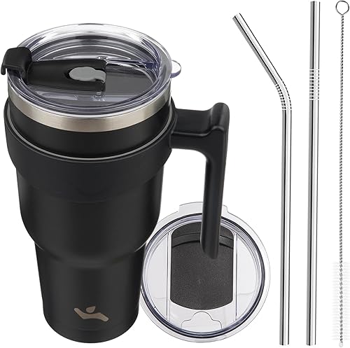 Miniatura 22 de Vaso de 30 onzas con asa y 2 pajitas, 2 tapas, botella de agua aislada de acero inoxidable con vacío, taza de viaje reutilizable, color lavanda