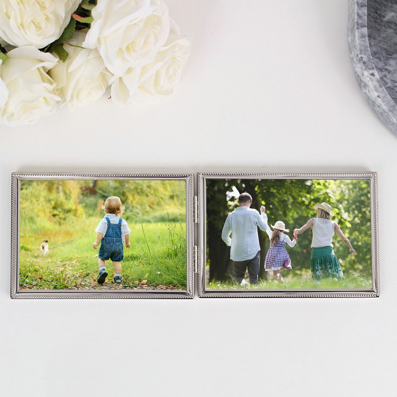 Glass Picture Frame 6x8 Table Top Display with 2 Openings, Metal Hinged Folding Photo Frames Double Horizontal for Table, Silver