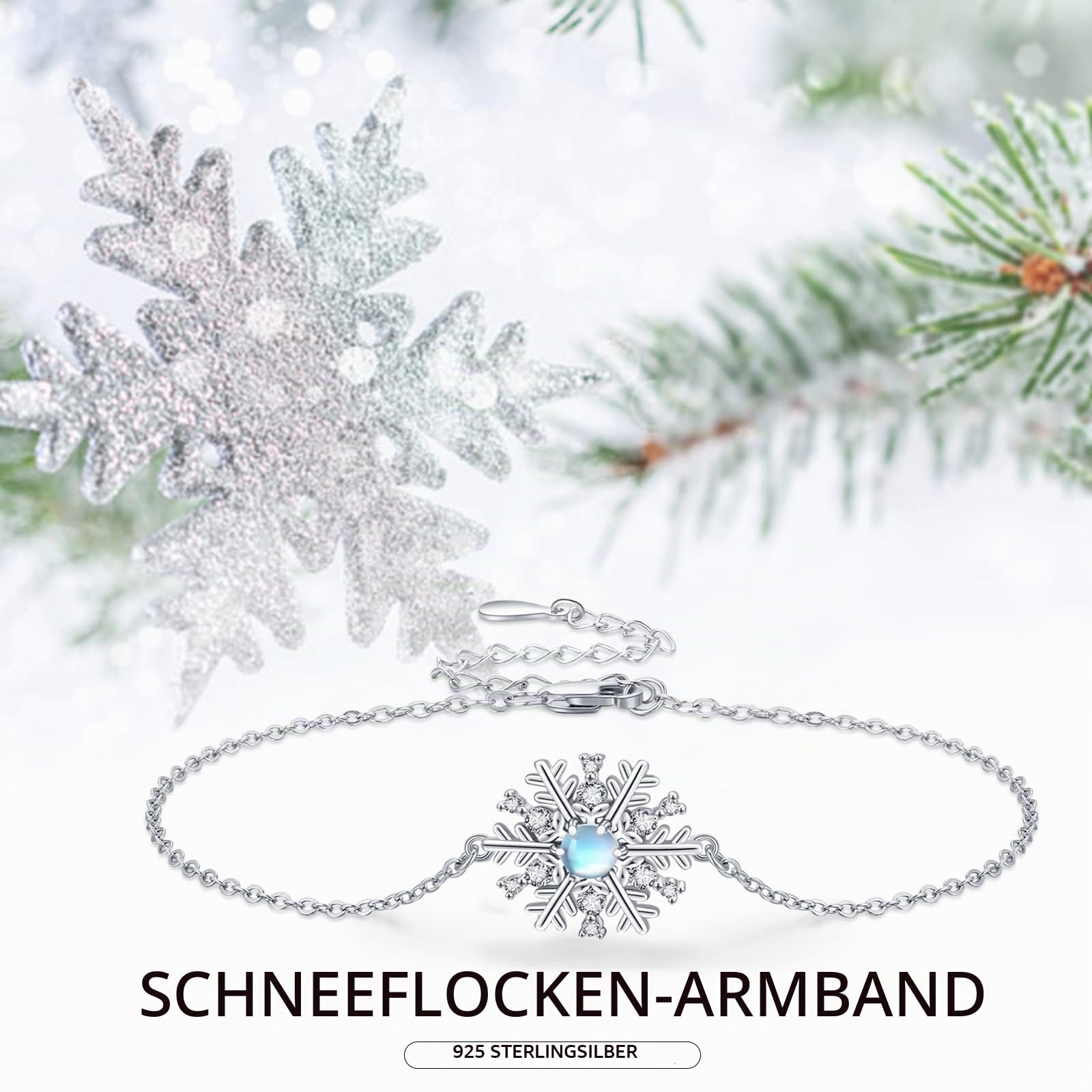 Midir&Etain Schneeflocke Armband 925 Sterling Silber Mondstein Schneeflocke Armband Schneeflocke Schmuck Weihnachten Geschenke für Frauen Mädchen Girlfeirnd