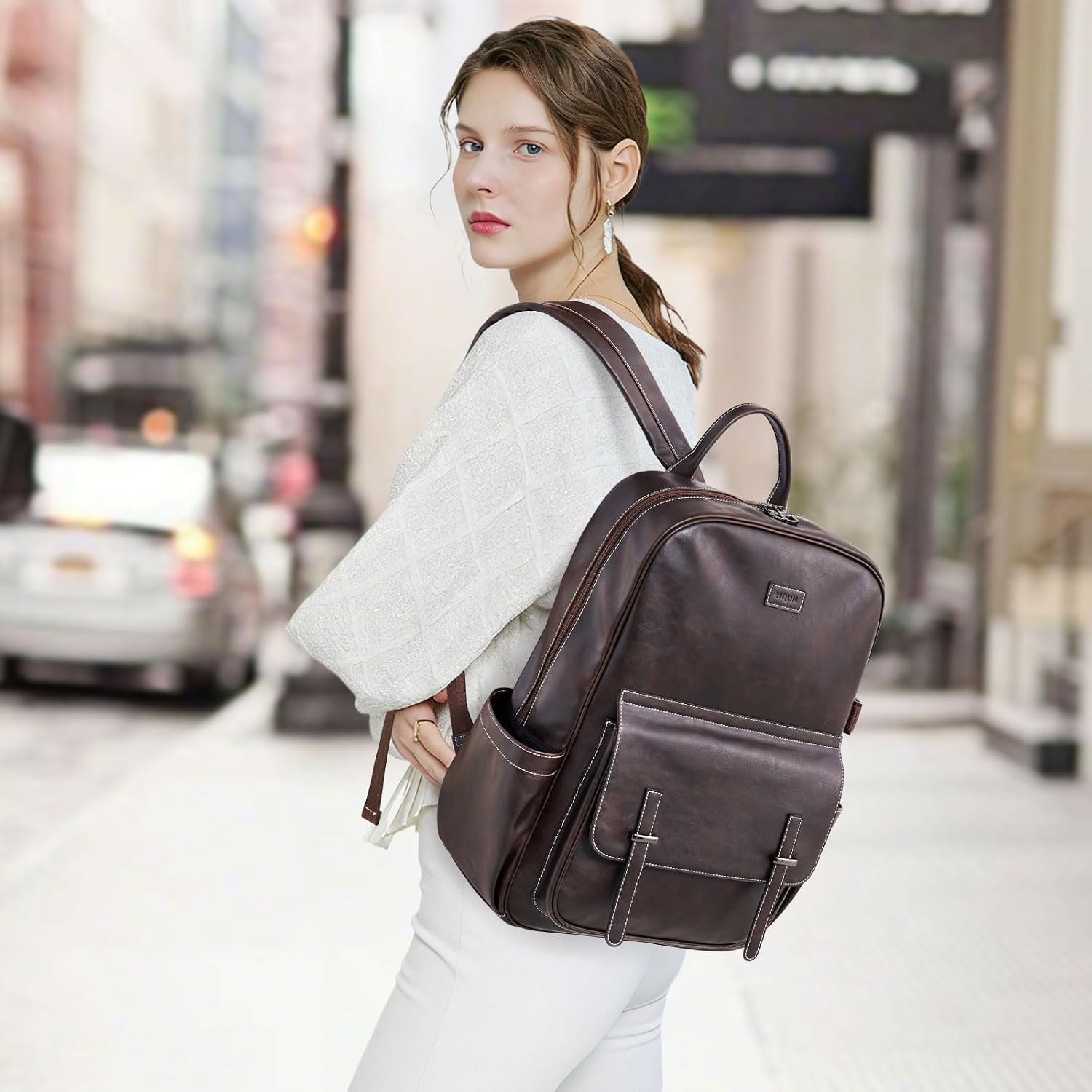 Vegan Leather Laptop Backpack for Women Designer 15.6 Inch PU Laptop Bag, Ladies Travel Computer Work Backpack