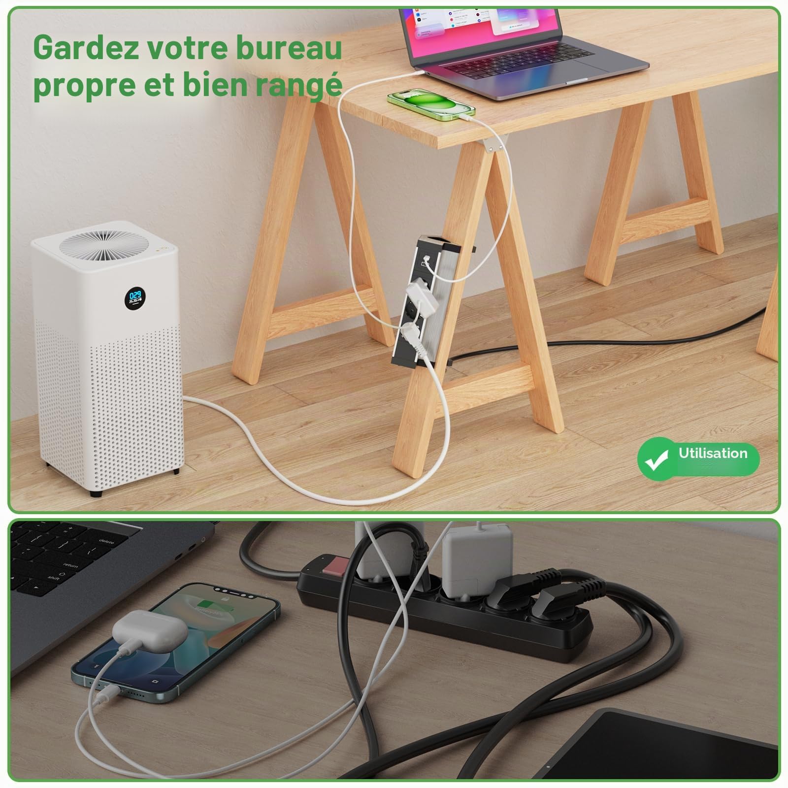Multiprise Bureau USB C, Multiprise Electrique 3 Prises avec USB, Aluminium Bloc Multiprise Prise Plan de Travail pour Bureau, Cuisine, Bains, Salon, 1,8M Câble