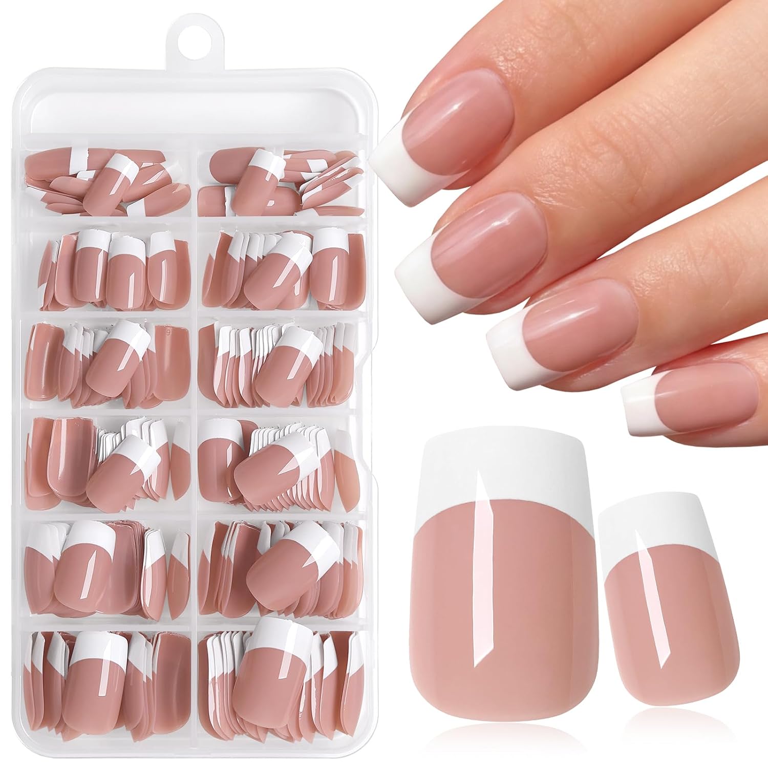 240pc White French Tip Press on Nails Short Square Acrylic Nail, Coffee Press ons Fake Nails with Glue & Tabs, 12 Sizes Glue on Nails Short Press-on Nail Square Artificial Stick on Nail for Women