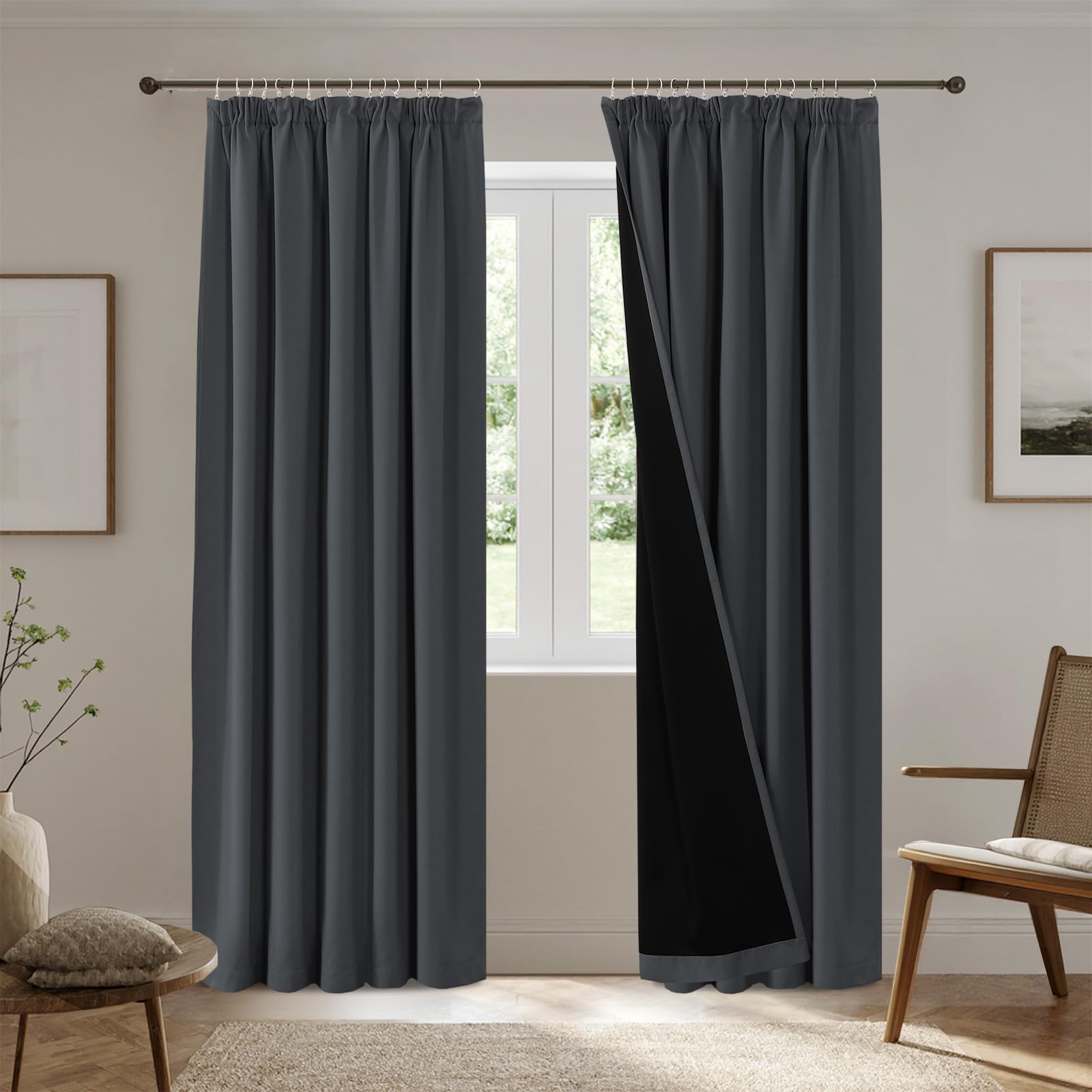 H.Versailtex 100% Blackout Curtains for Room Darkening Privacy Protection, Long Drapes Blackout Darkening Curtain Thermal Insulated Back Tab Rod Pocket, W90 X L72Inch, 2 Panels, Charcoal Grey