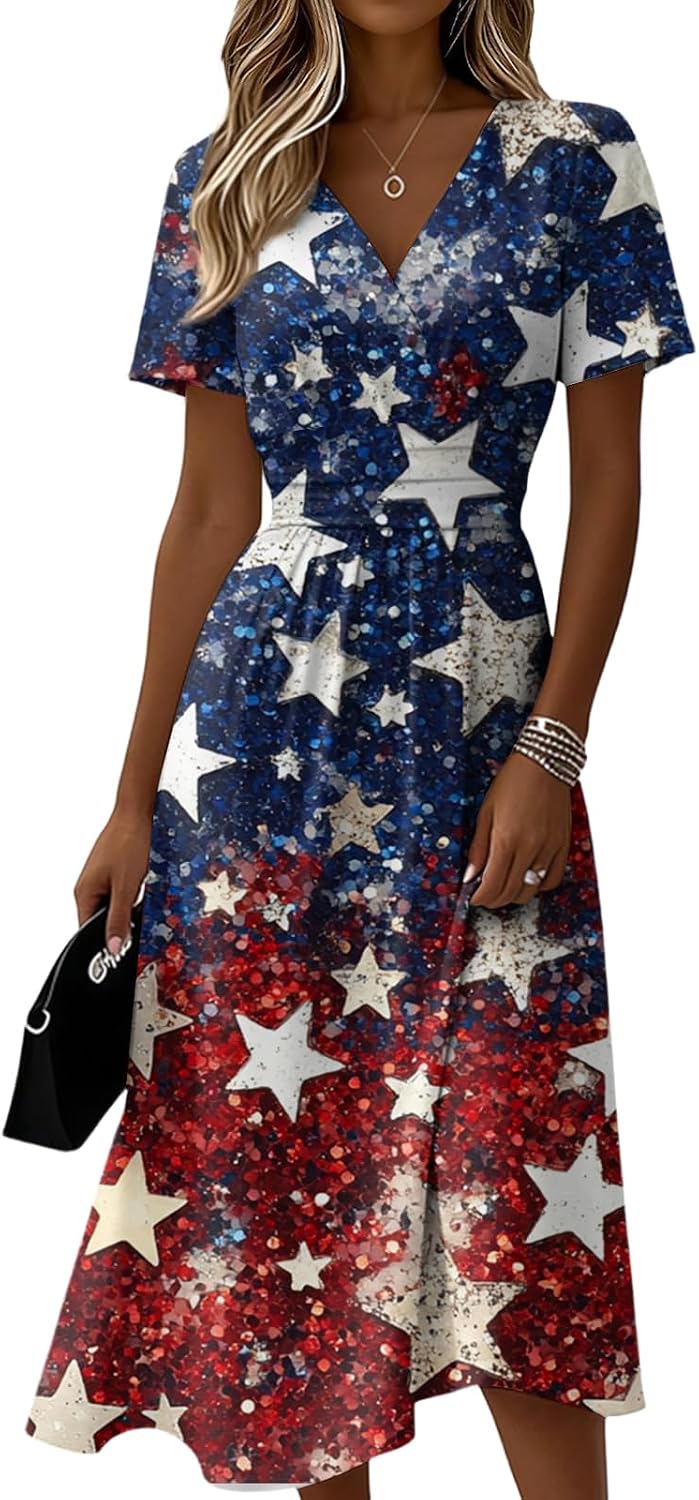 Women's 4Th of July Dresses Summer Patriotic American Flag USA Casual Short Sleeve V Neck 250 Anniversary Dress