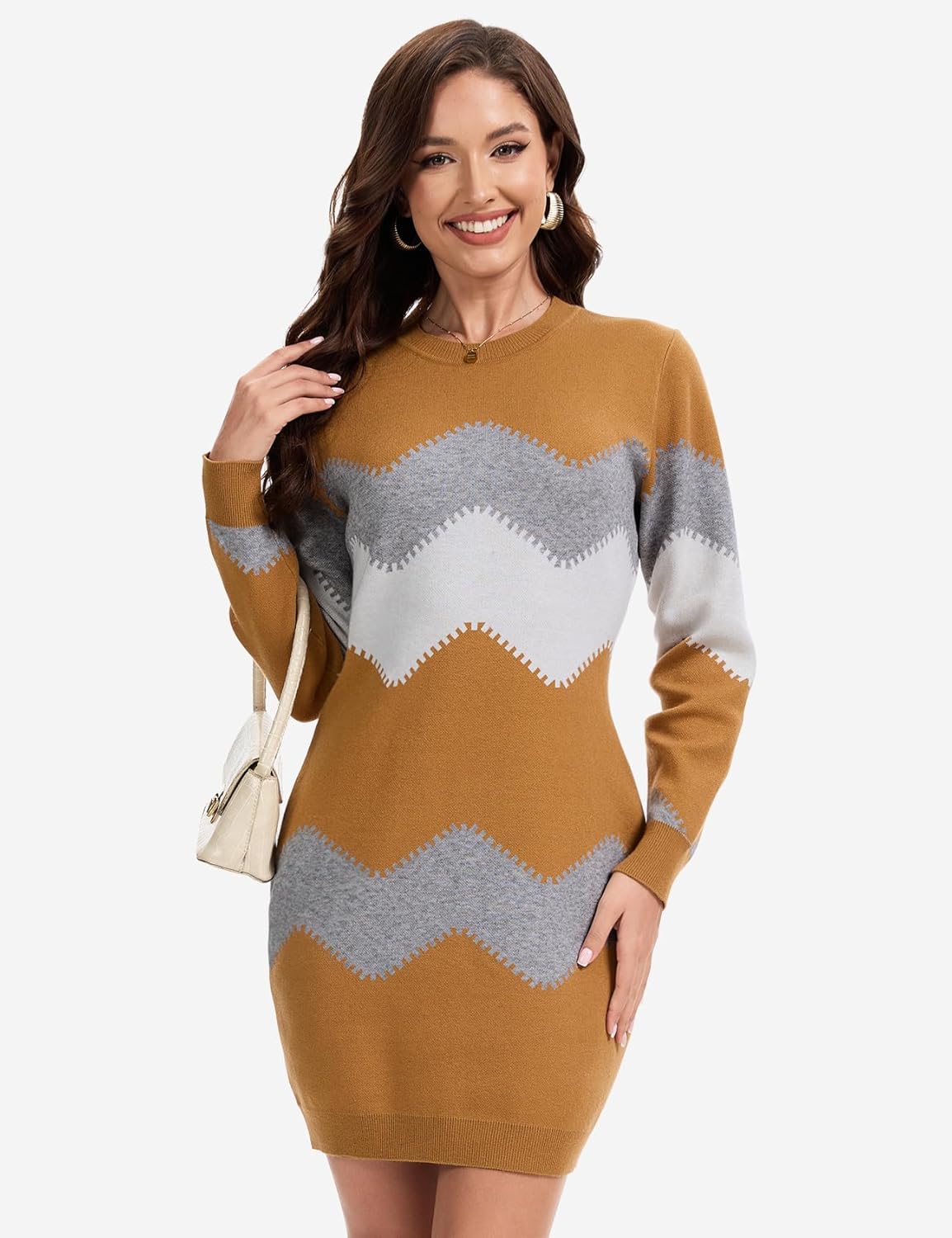 PEHMEA Women's Knitted Striped Bodycon Mini Sweater Dress Long Sleeve Crew Neck Fall Winter - Image 2