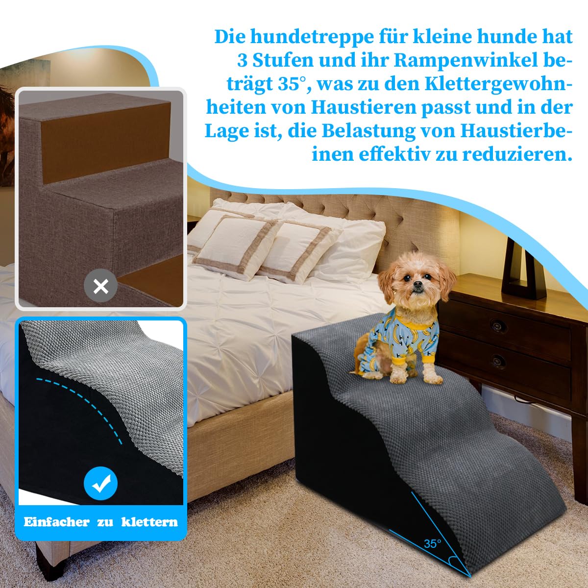 3-stufige Hundetreppe – 40,6 Cm Hoch, Faltbar, Mit Plüschbezug & Stauraum, Für Kleine Hunde, Katzen, Zum Bett Oder Couch