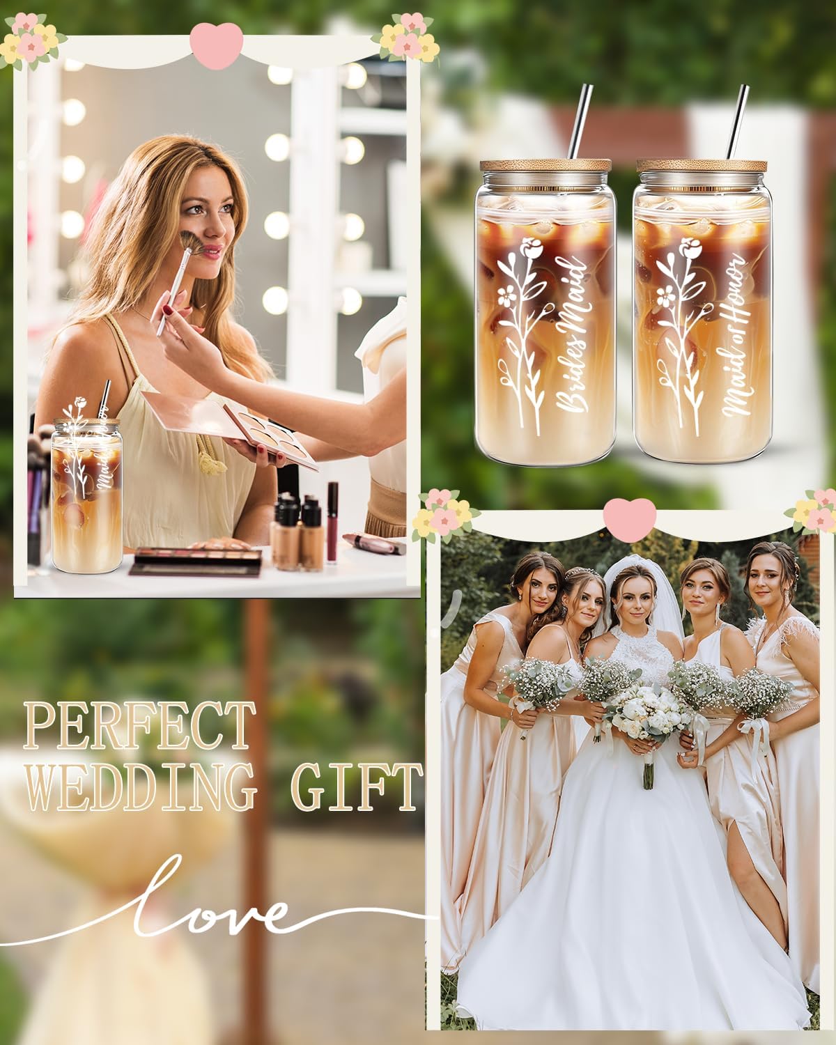 DHQH 4 PCS Bridesmaid Proposal Gifts, 16 Oz Bride Glass Cups with Bamboo Lids and Straw, Maid of Honor Gifts for Bridal Shower Wedding Bachelorette Party - Image 6