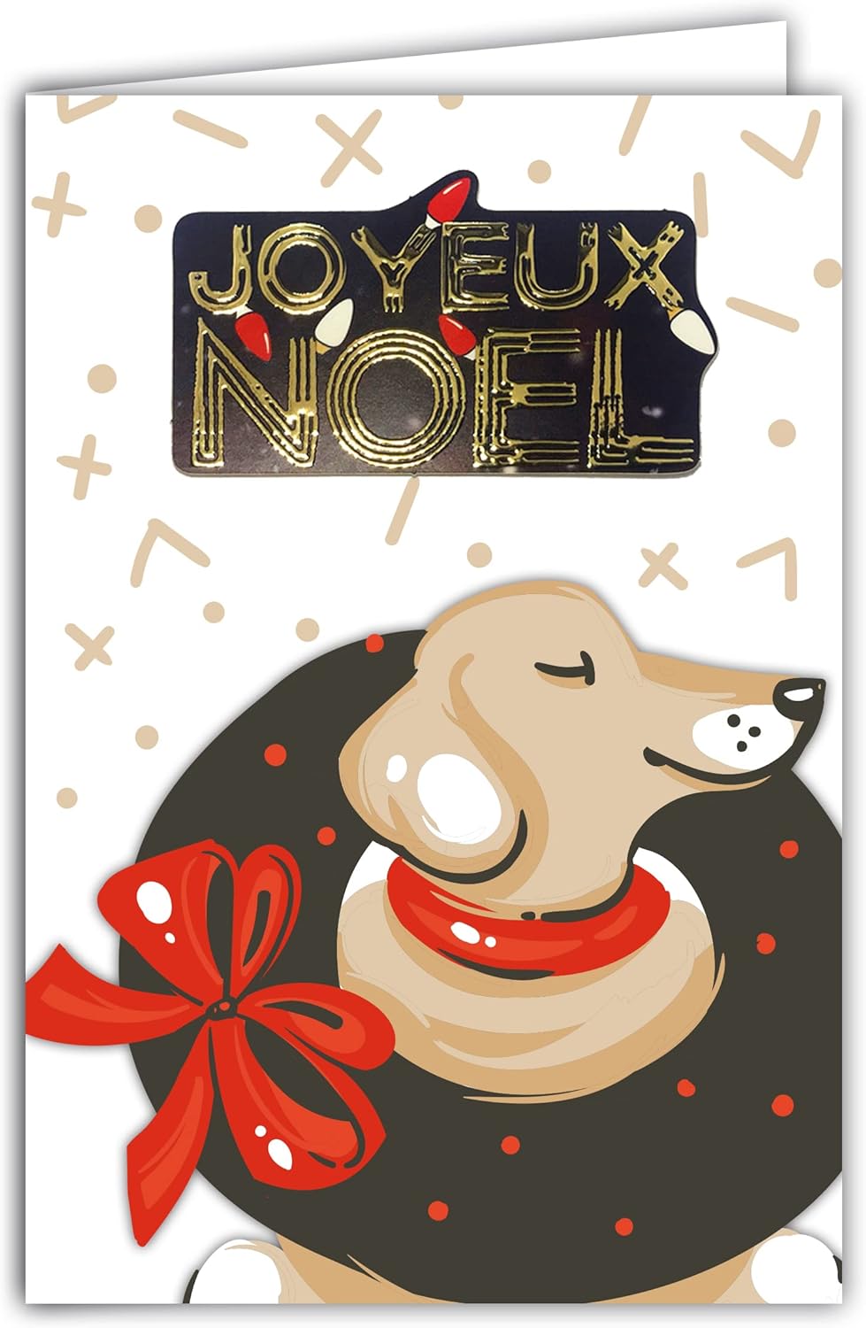 61-6055 Merry Christmas Card with Envelope and Collage Embossed in Gold Shiny Sparkling Glitter Dog with Collar Christmas Wreath Bow Red Ribbon Holiday End of Year