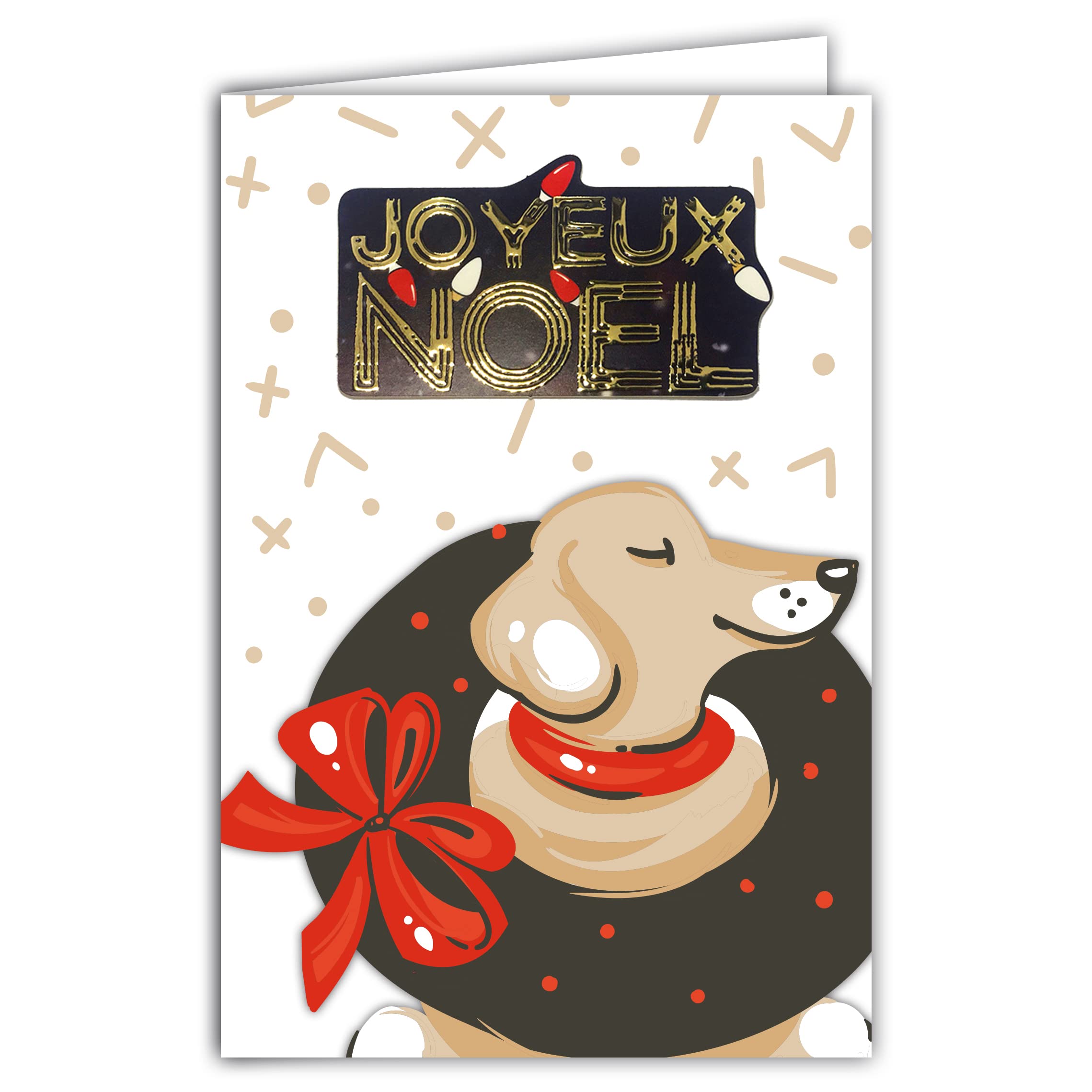 Afie 61-6055 Merry Christmas Card with Envelope and Collage Embossed in Gold Shiny Sparkling Glitter Dog with Collar Christmas Wreath Bow Red Ribbon Holiday End of Year