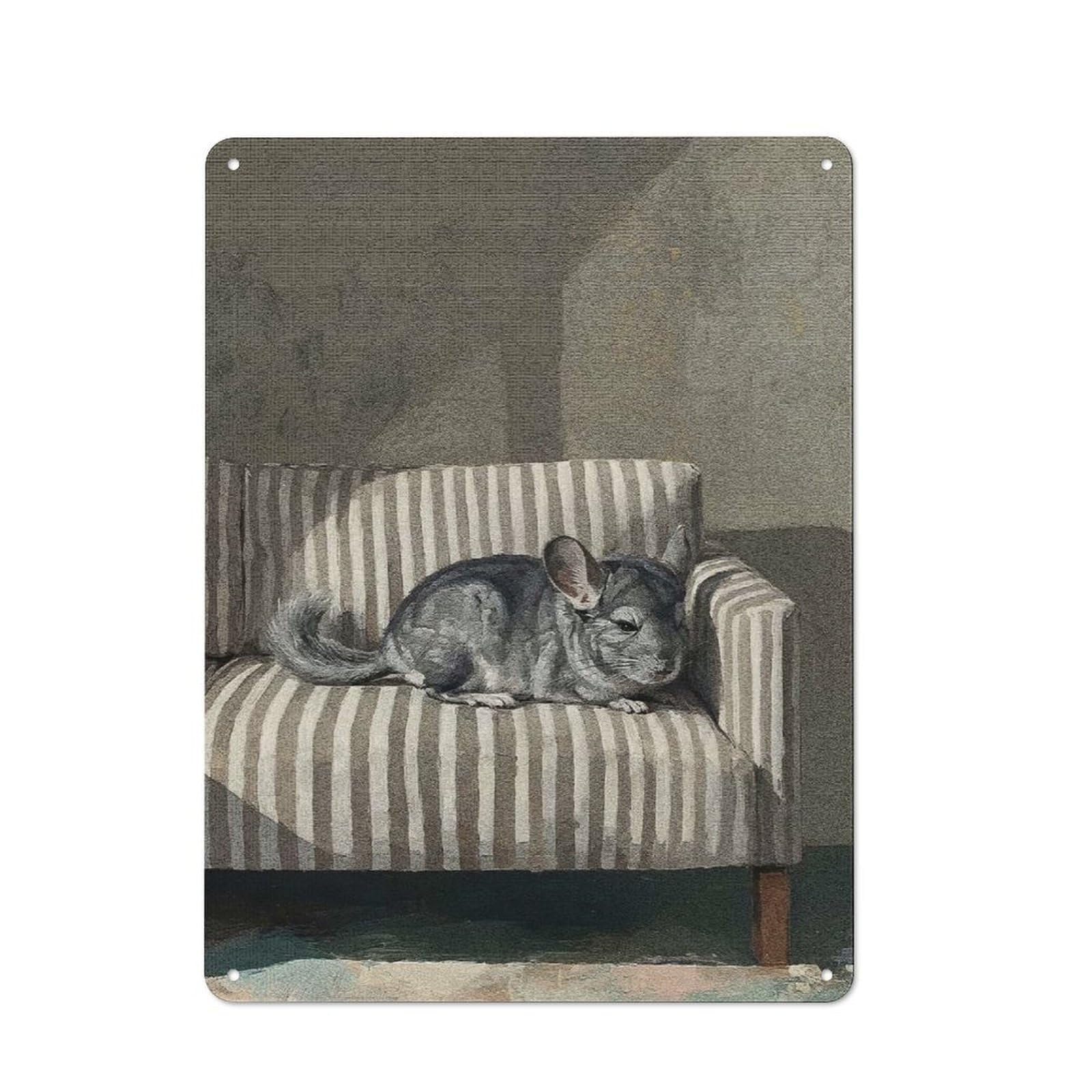 Junmoney Style-18 Chinchilla Resting On Striped Chair Vintage Tin Sign 40X30cm For Café Or Restaurant, Suited To Café Owners And Decorators