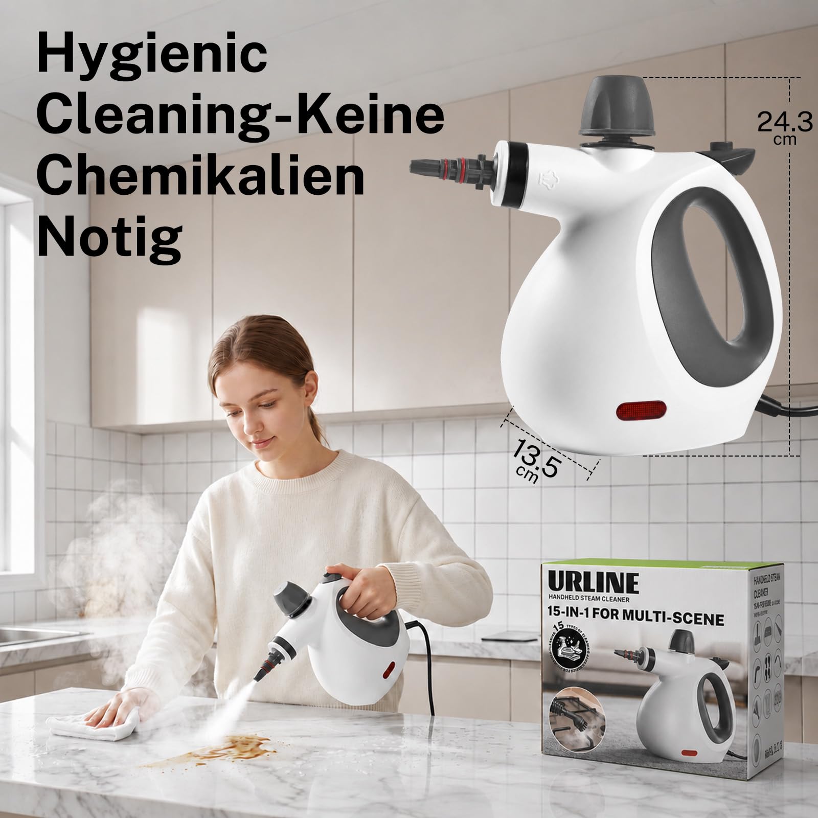 Dampfreiniger Handgerät mit 15 Zubehörteilen, Handdampfreiniger für das Haus Mehrzweck，1050W，350ml Tank Handdampfreiniger，Dampfreiniger für Alles Polstermöbel Auto Fenster Fliesen Teppich(Weiß)