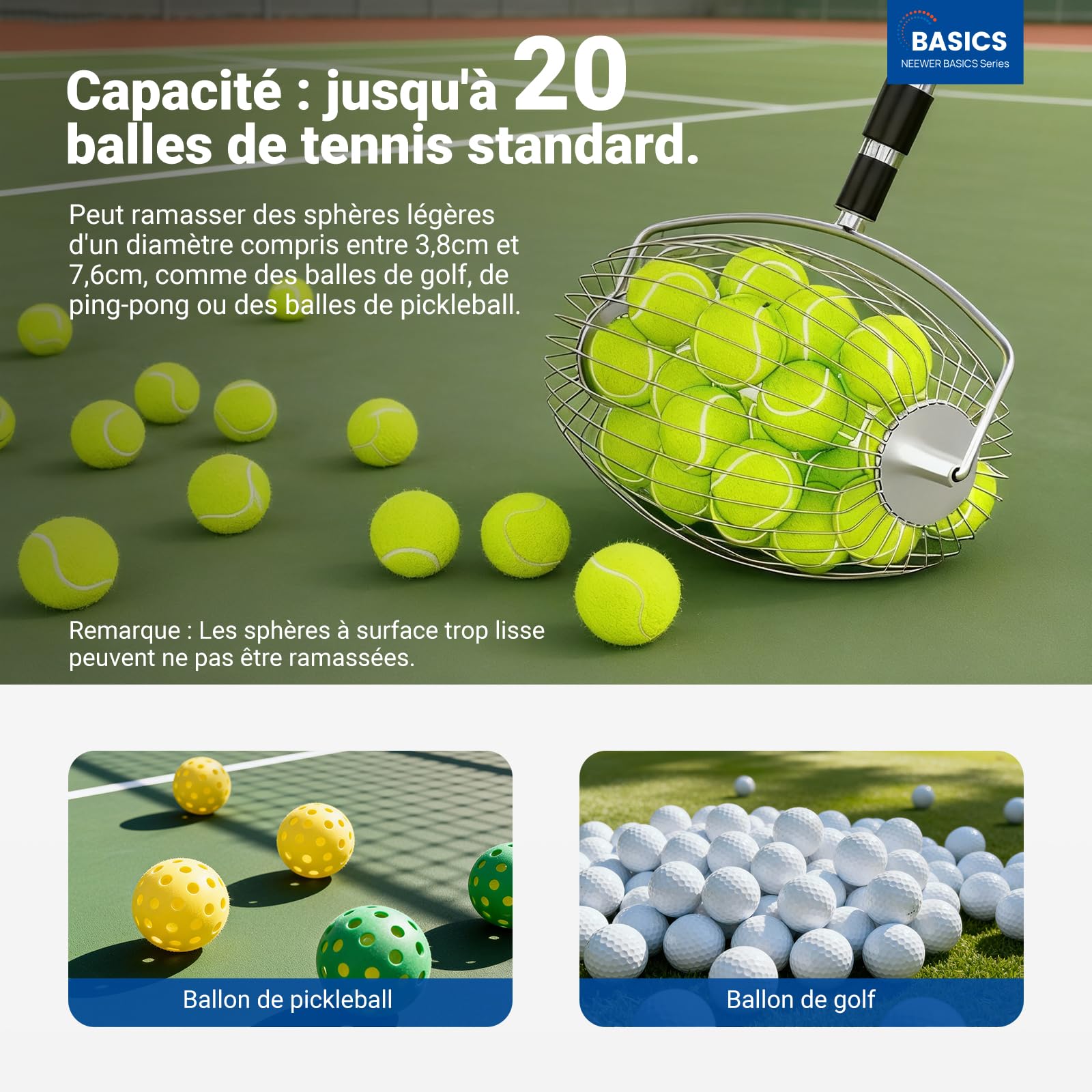 NEEWER BASICS Ramasseur de Balle de Tennis à Trémie Supérieure TB04S 70-138cm Télescopique pour 20 Balles