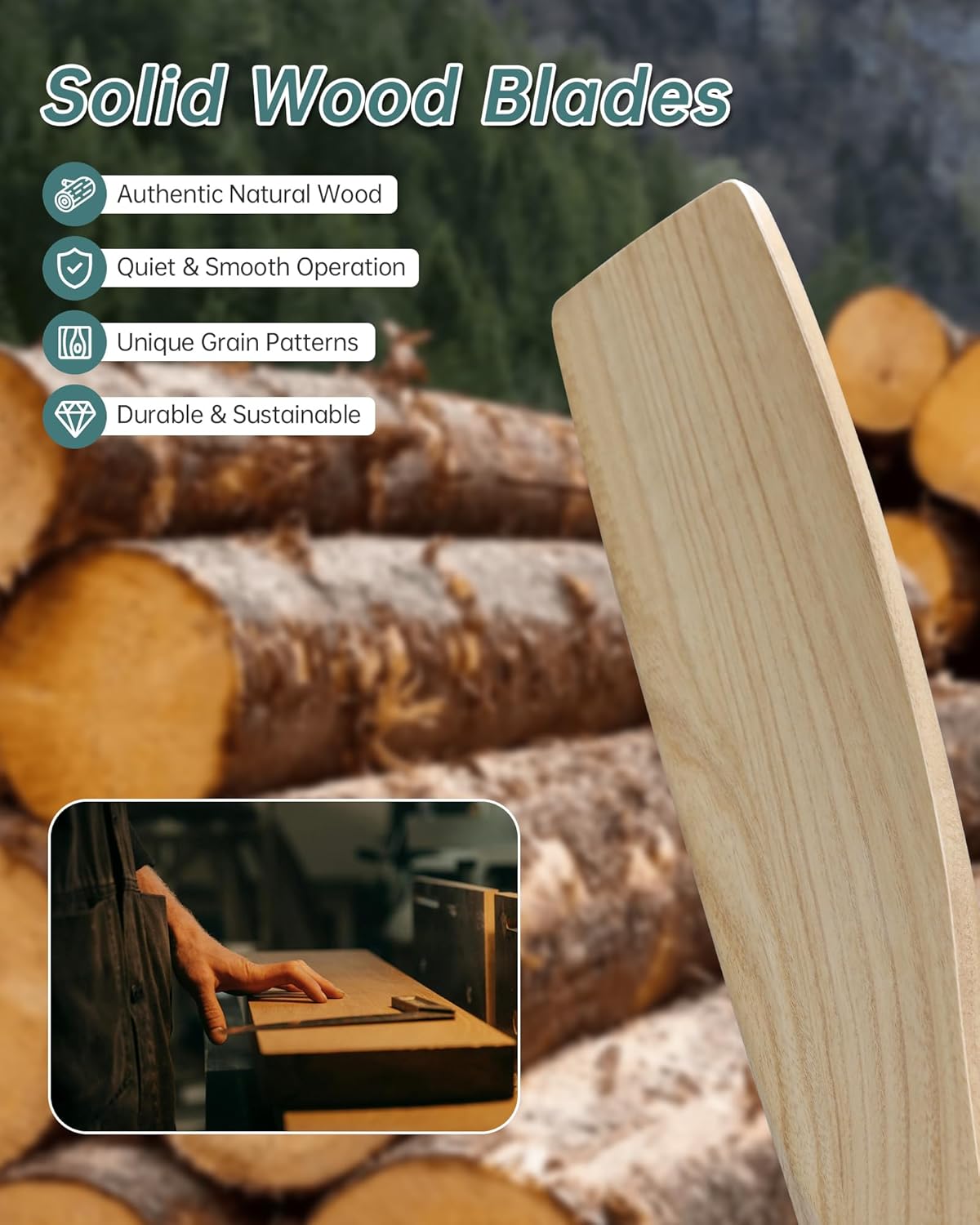 Sofucor 52 Inch Solid Wood Ceiling Fan Without Lights Flush Mount Ceiling Fans with Remote Control-Wood Blades Modern Outdoor Ceiling Fan No Light for Bedroom/Farmhouse/Patio/Indoor,Natural Wood White