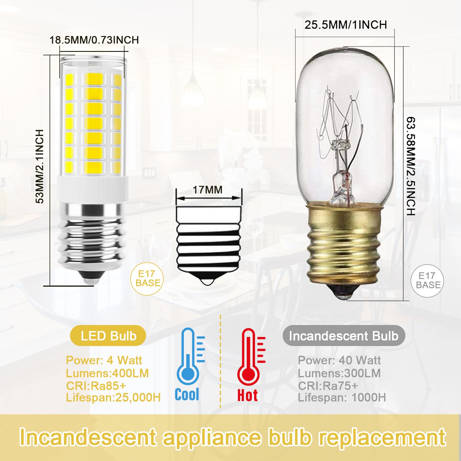 Bombillas LED de microondas debajo del capó equivalente a 40 W, bombilla LED E17 regulable para sobre estufa, campana extractora, refrigerador, bombilla LED de 4 W 400 LM, luz blanca diurna de 3