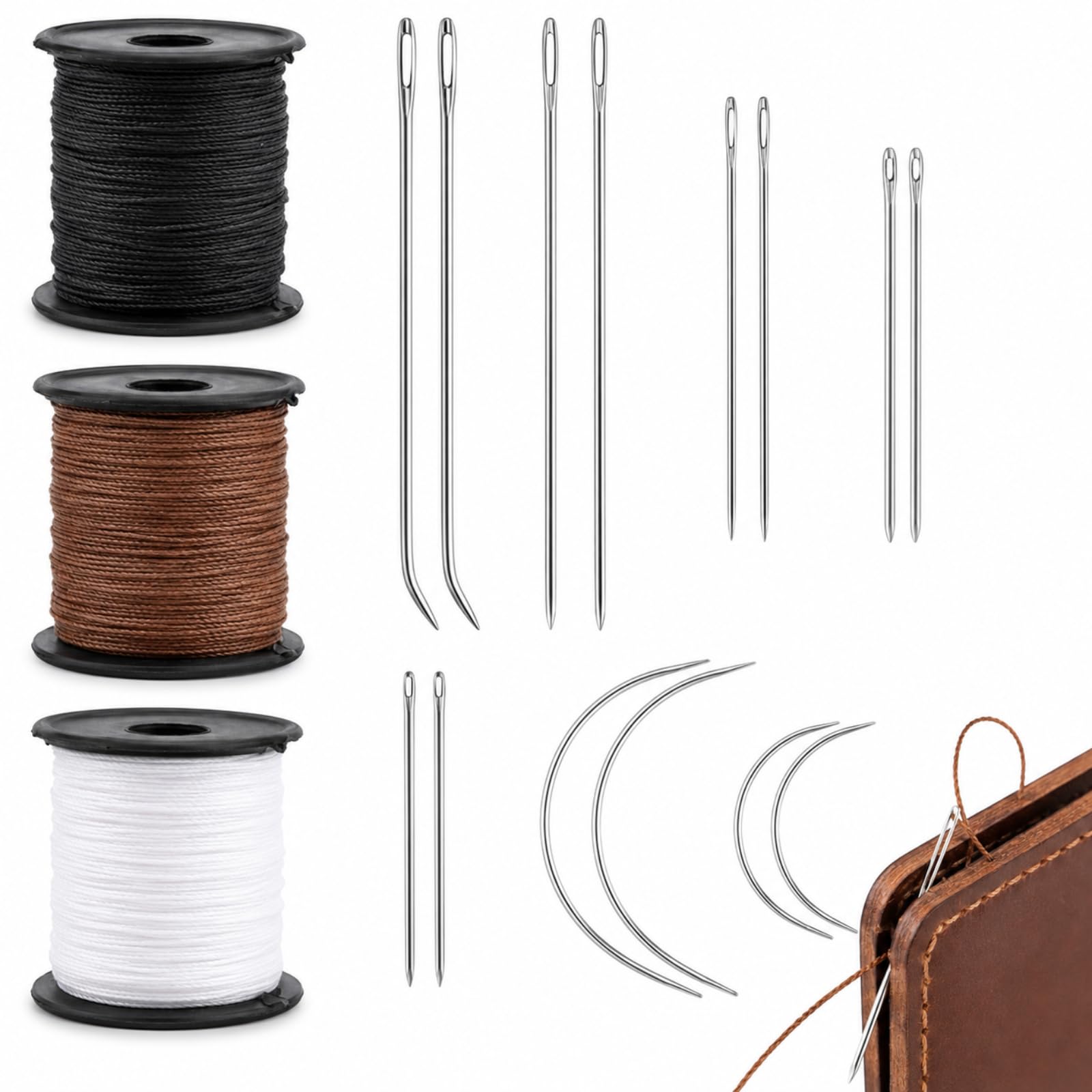 17 Pack Upholstery Sewing Kit, 3 Rolls Nylon Thread (Black Brown White) with Curved and Straight Needles for Leather Hand Stitching, Canvas Repair and DIY Upholstery Projects
