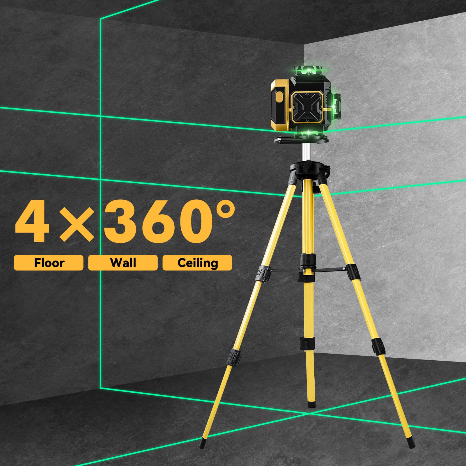 Nivel Laser Autonivelante 16 líneas 360 Grados, 4 x 360 Láser de línea con Trípode, Plataforma Elevadora y Soporte de Pared, Batería, Control Remoto, láser Cruzado Uso Interior y Exterior, amarillo