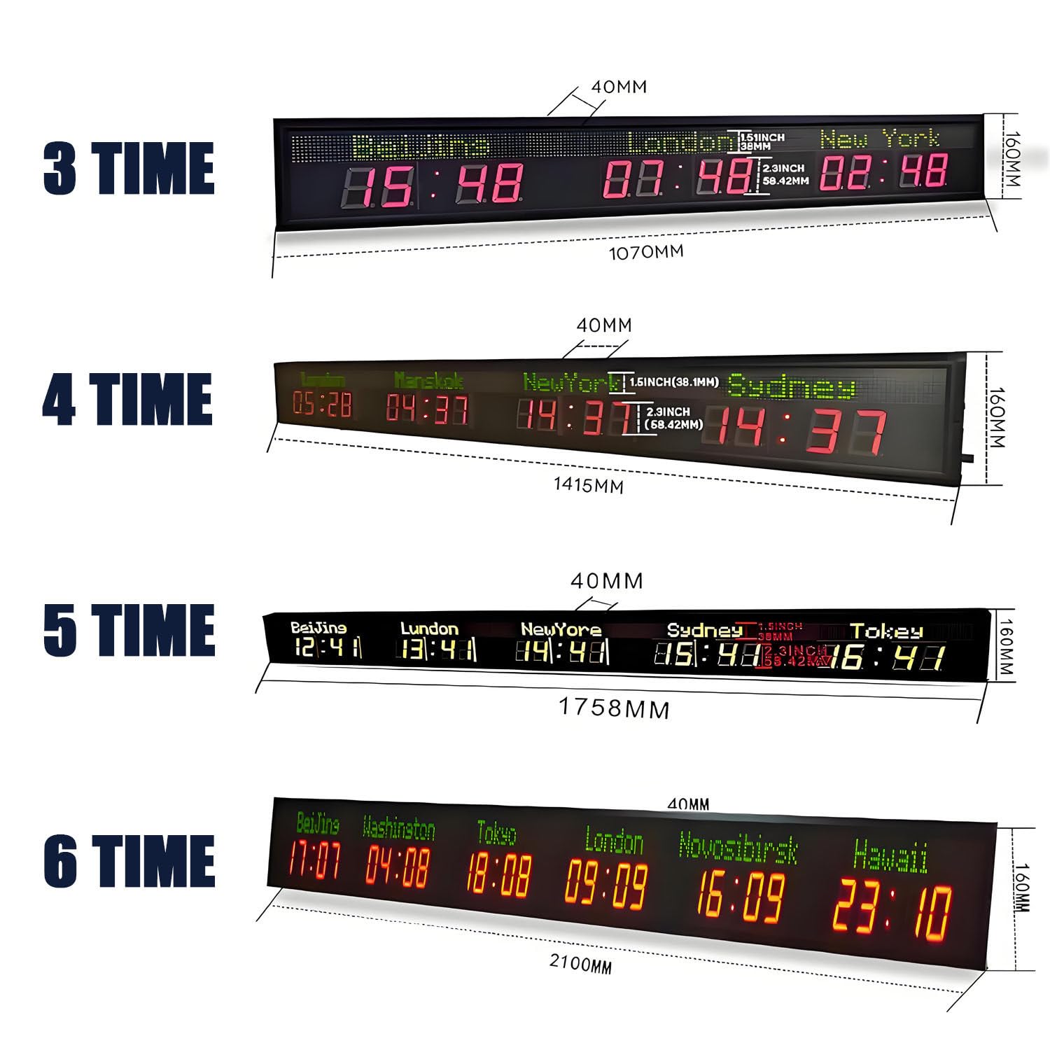 Horloge Murale LED Universelle, Fuseau horaire numérique 3/4/5/6 Villes, Grand écran, Gradation à 5 Niveaux, pour Bureaux/hôtels/aéroports multinationaux 3time