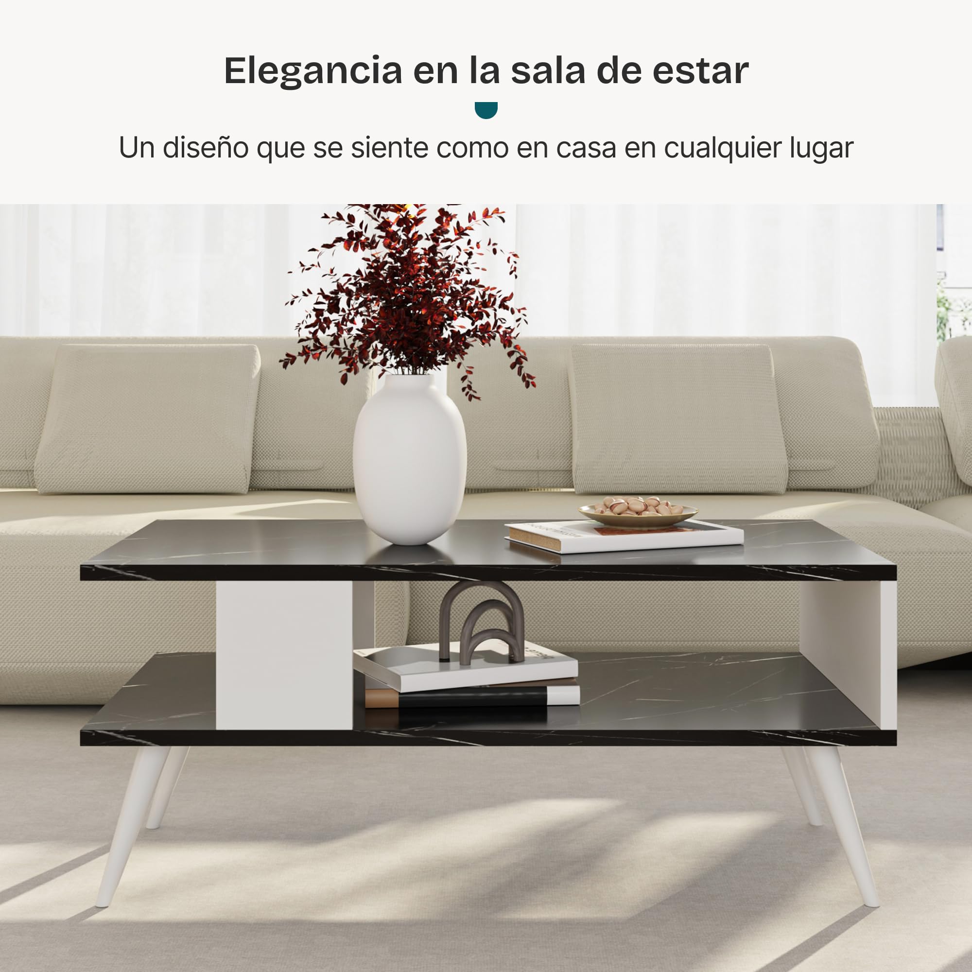 [en.casa] Mesa de Centro Rectangular Mesa Baja Estable con Estante para Salón Mesa Auxiliar Aglomerado 40 x 90 x 45 cm Mármol Negro/Blanco