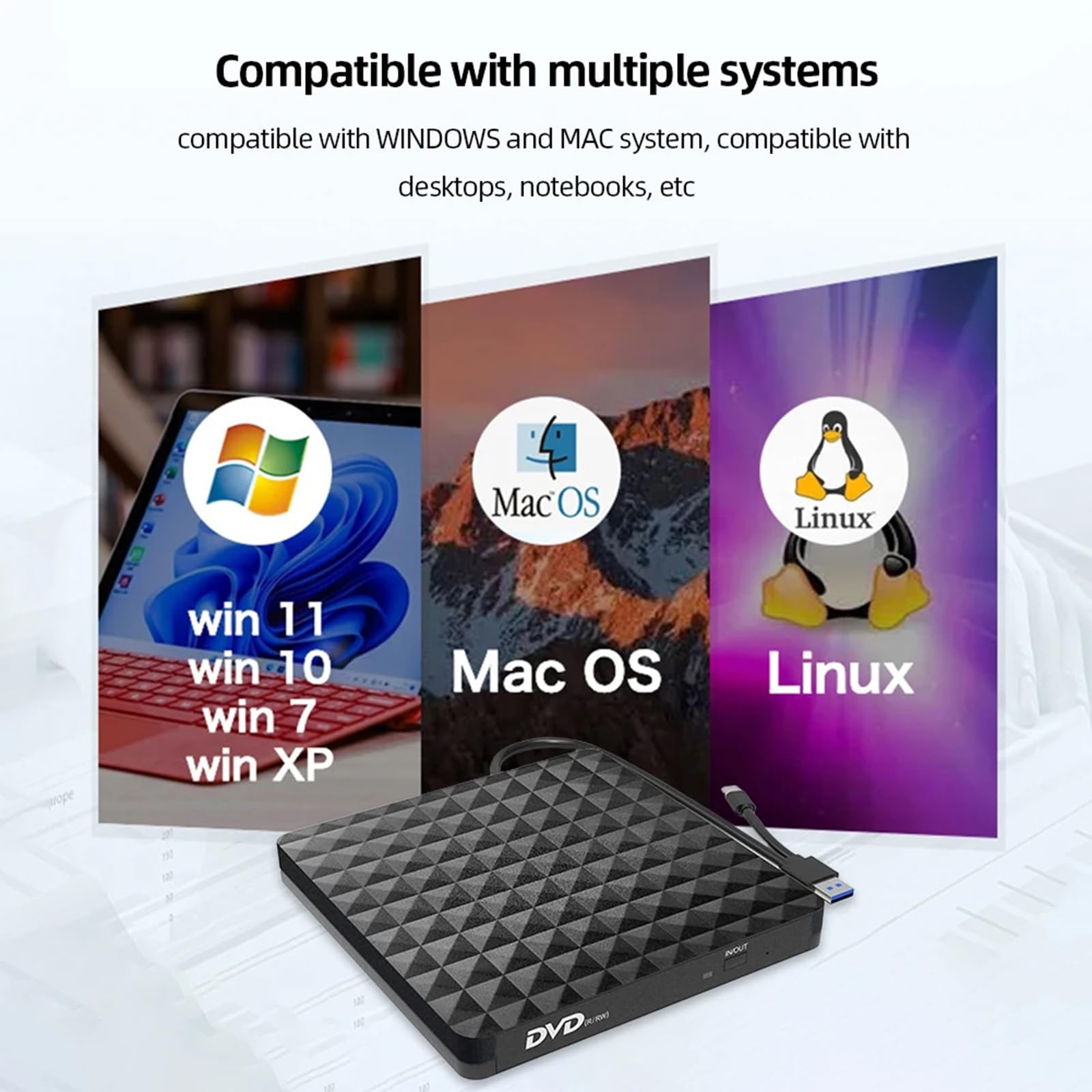 Zewnętrzny napęd CD DVD, przenośny odtwarzacz CD/DVD ze złączem USB 3.0/Type-C, nagrywarka z nagrywarką o niskim poziomie hałasu i dużej szybkości transferu danych dla Windows 7/8/10/11/XP/Mac OS/Li