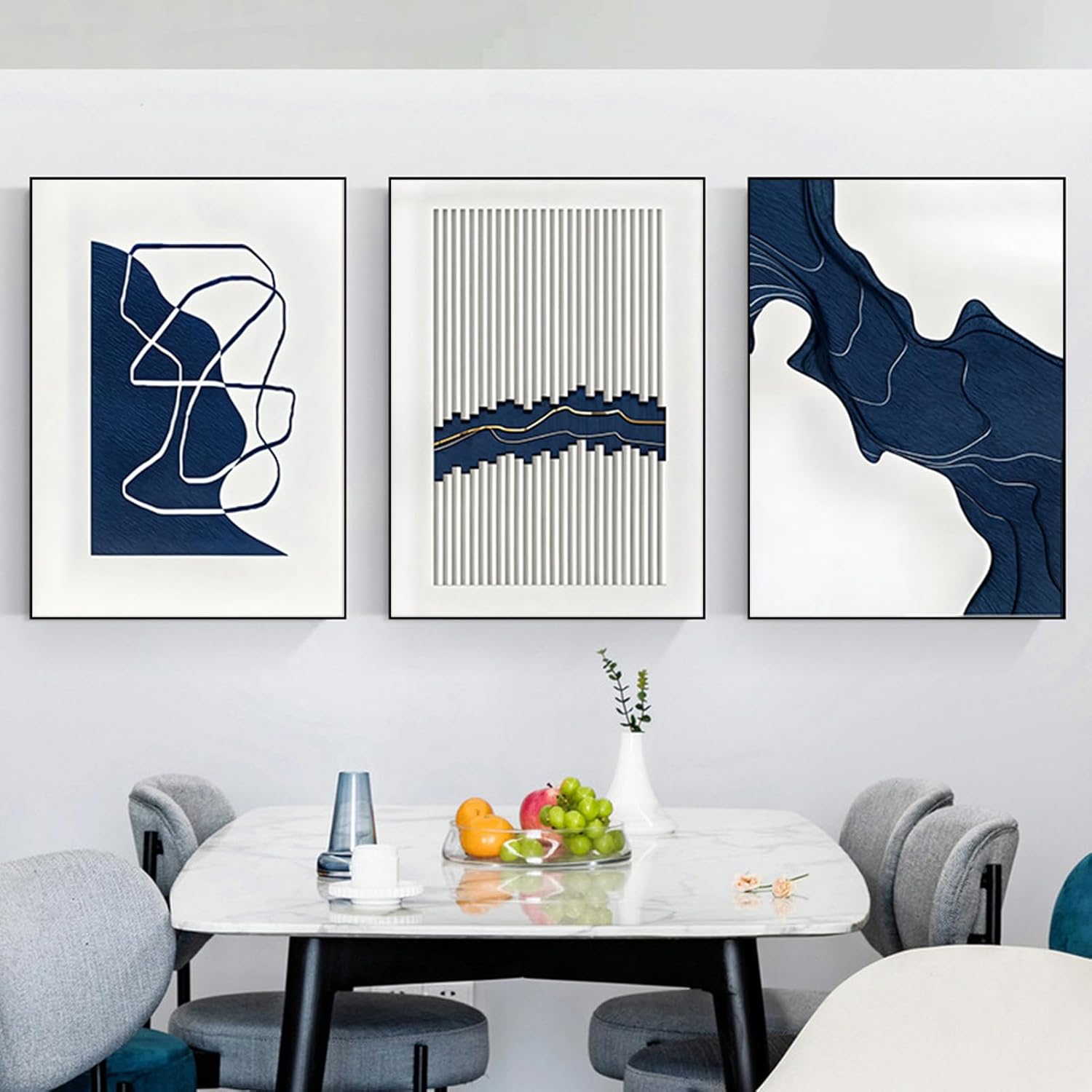 ARTFEB Modern Black Framed Wall Art, 3 Pieces Abstract Blue and White Painting Wall Art for Living Room Decor,Canvas Print Artwork Set for Bedroom Office Bathroom Decor,24x32x3piece