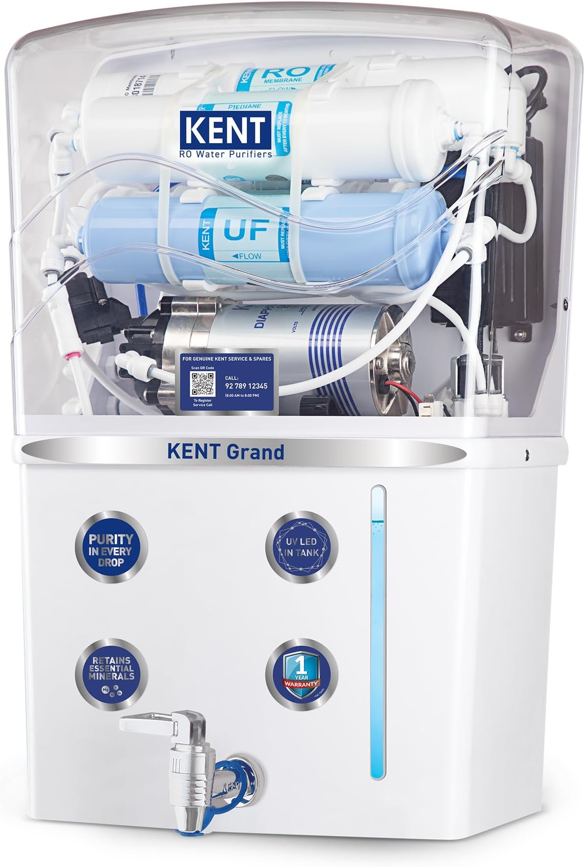 KENT Grand RO Water Purifier | Advanced RO Tech for Sabse Shudh Paani | RO+UF+TDS Control + UV LED Tank | 8L | 20LPH Flow | Ideal for Borewell/Tanker/Municipal Water | Largest Service Network