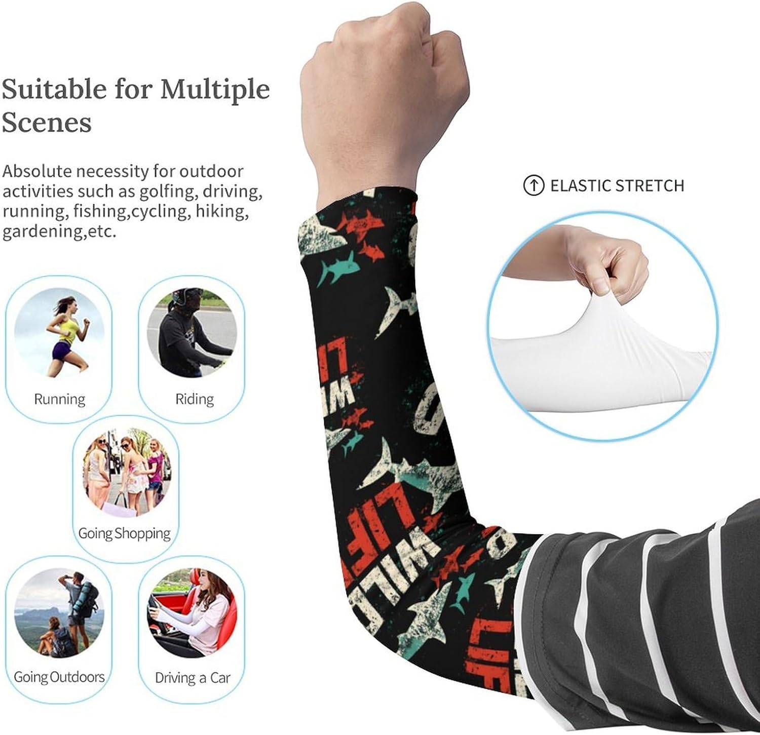 Wild Life Shark Arm Sleeves Cooling Sun Protection Sports Compression for Golf Basketball