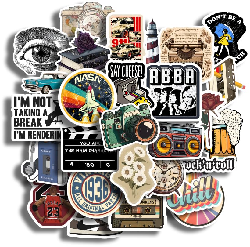 28Pcs Vintage Vinyl Stickers - Waterproof and Residue-Free for Laptops, Journals, Scrapbooks, Water Bottles, Guitars, and More, self-adhesive, 21 cm