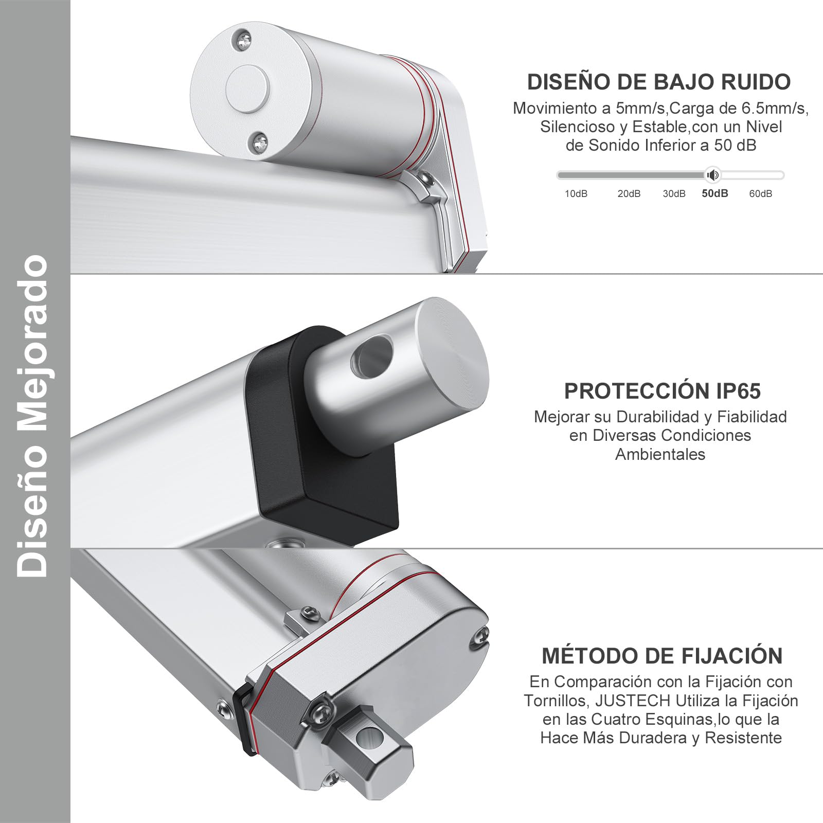 Justech Motor Actuador Lineal 250mm 12V DC 1500N 10mm/s IP65 Impermeable Aluminio Plateado
