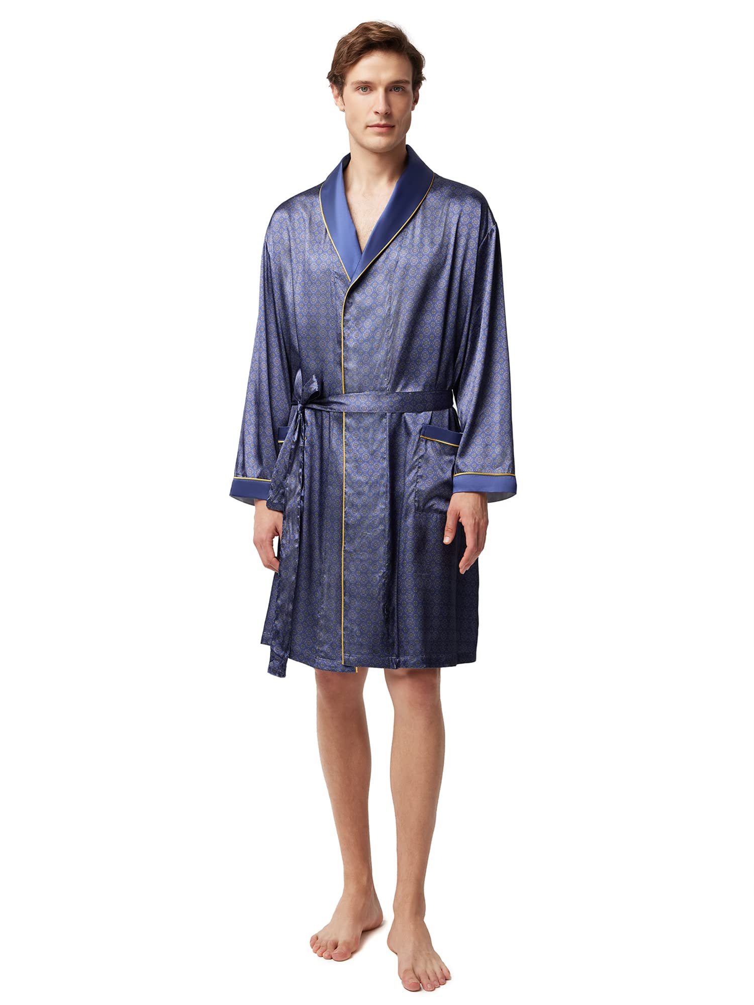 Silk Robe for Men Kimono Satin Bathrobe Lightweight Knee-Length Bathrobes with Pocket, M-XXL Nightgown