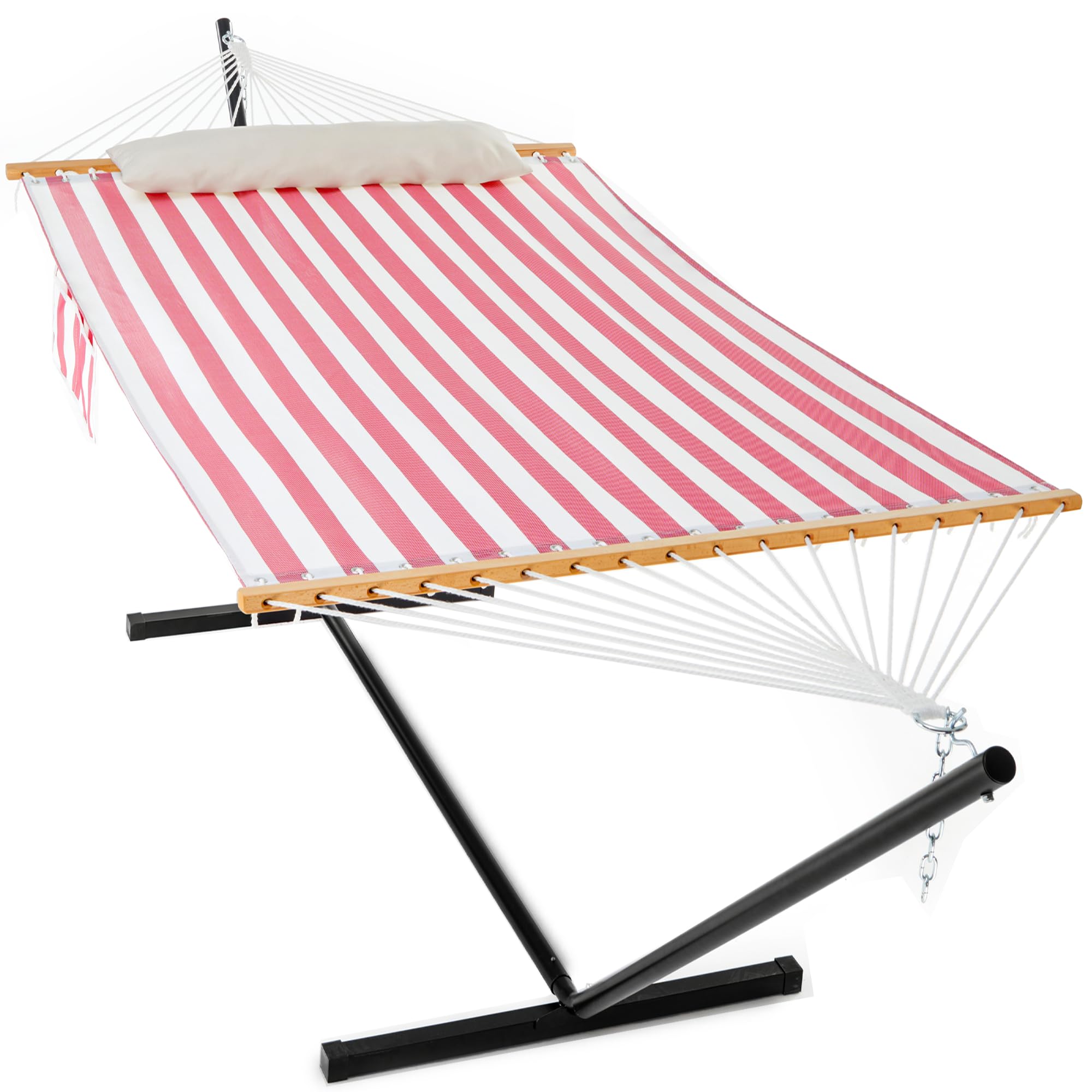 Waterproof Double Hammock with Stand for Outside Heavy Duty, 2 Person 55'' Large Quick Dry Textilene Hammocks with Hardwood Spreader Bar, Pillow, Side Pocket, 475lbs Capacity (Rose Pink)