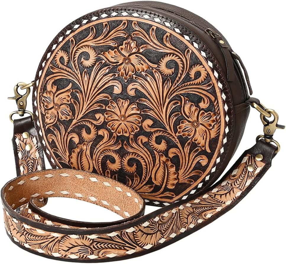 American Darling Canteen Bag for Women - Buck Stitched, Hand Tooled Floral Carved Genuine Leather Round Crossbody