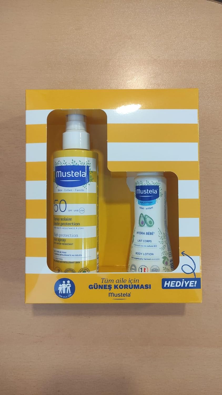 Mustela güneş losyon sprey 200 ml spf 50+ 100 ml hydra bebe hediyeli 2026 kofre