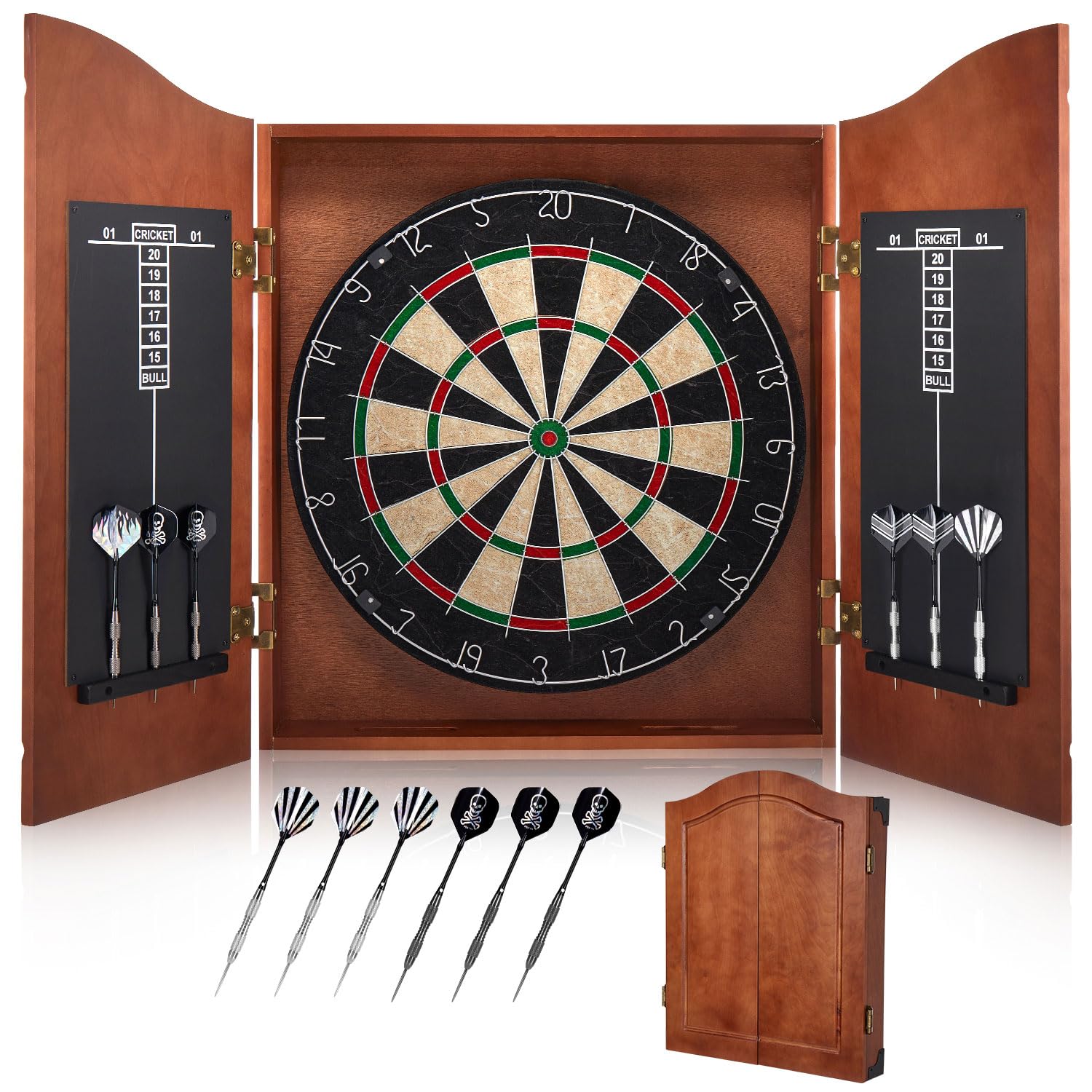 Yirinatek Sisal Dart Board Cabinet Sets, Decorative Dart Boards for Adults [6*Steel Darts] - Wooden Dartboard Cabinet with Integrated Scoreboard for