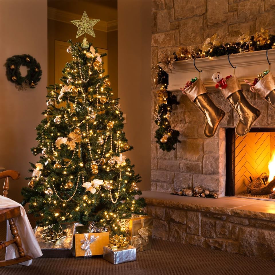 TEHAUX Christmas Tree Star Topper, 5 Point Metal Treetop Decoration with Golden Glitter Powder, Shimmery Tree Topper for Xmas Decorations, 9. 84 X 7. 87 Inches