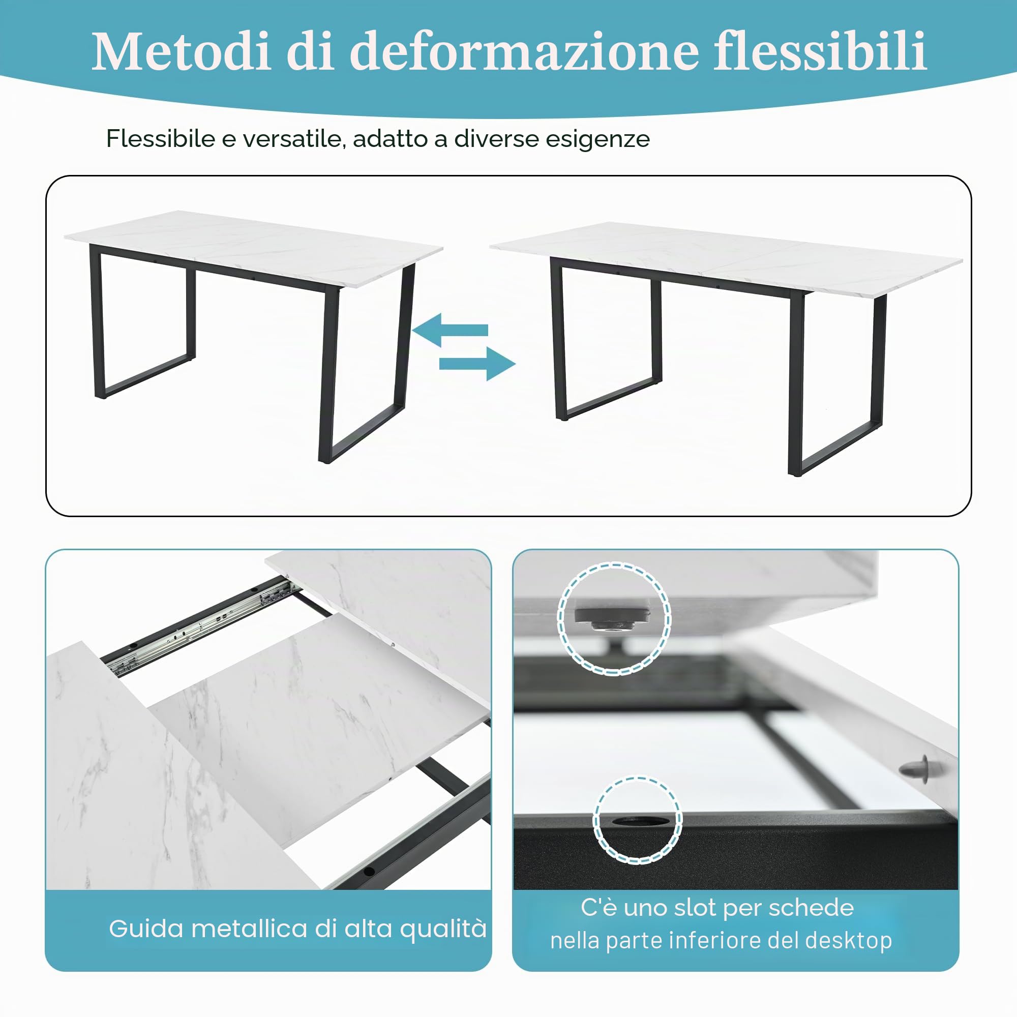 Tavolo da pranzo allungabile 140-180x70x75 cm, tavolo rettangolare da cucina, tavolo da pranzo con piano in marmo e gambe in metallo, tavolo allungabile per 4-8 persone, per soggiorno e sala da pranzo