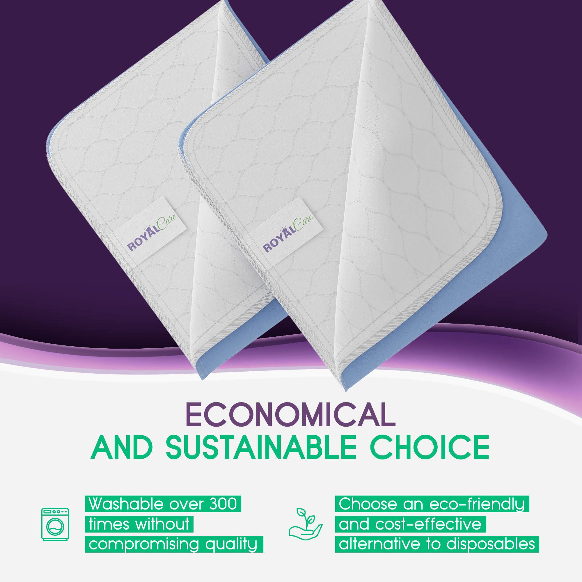 Royal Care 2-Pack 34x52 Extra Large Washable Bed Pads/Reusable Incontinence Underpads Mattress Protector for Adults, Kids and Pets -Blue,