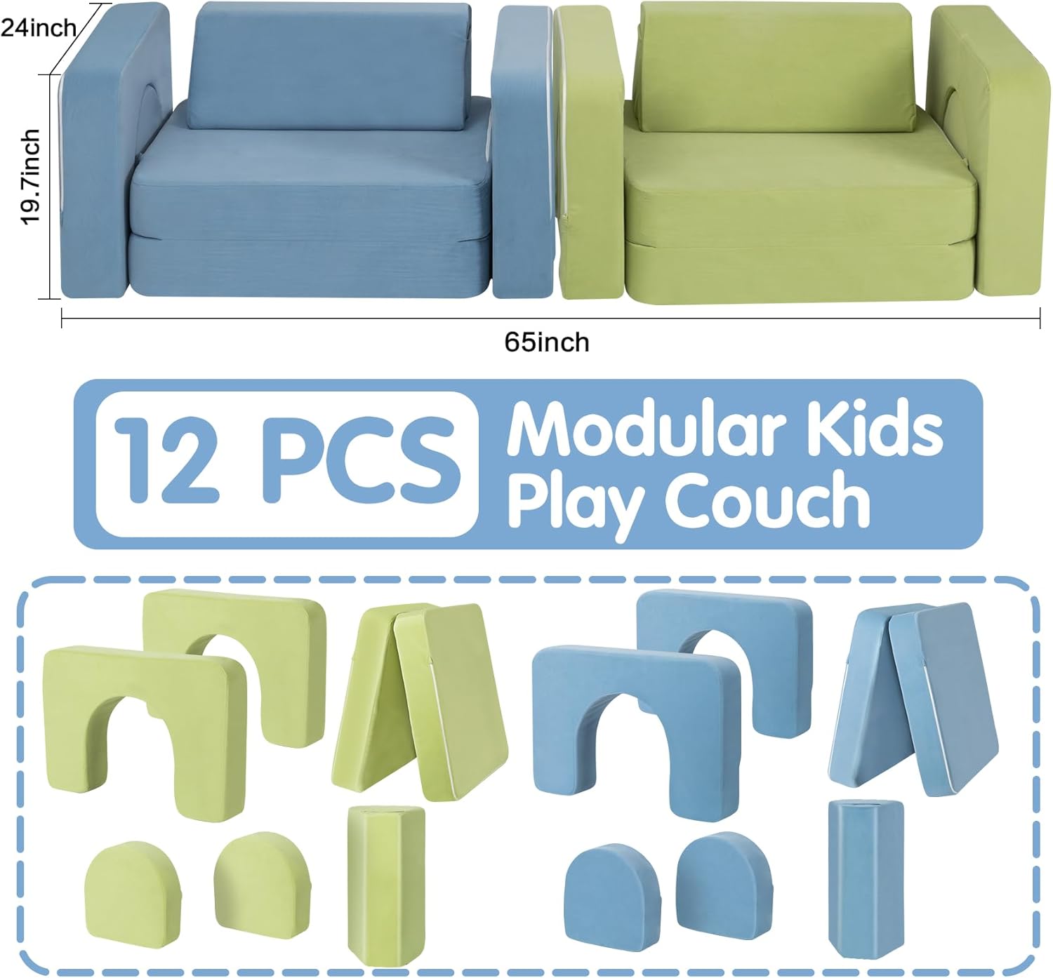 Kids Couch, Modular Kids Play Couch with 1000+ Building Options, Super Comfy Convertible Sofa for Playroom, Ideal Gift for Children，Blue/Green