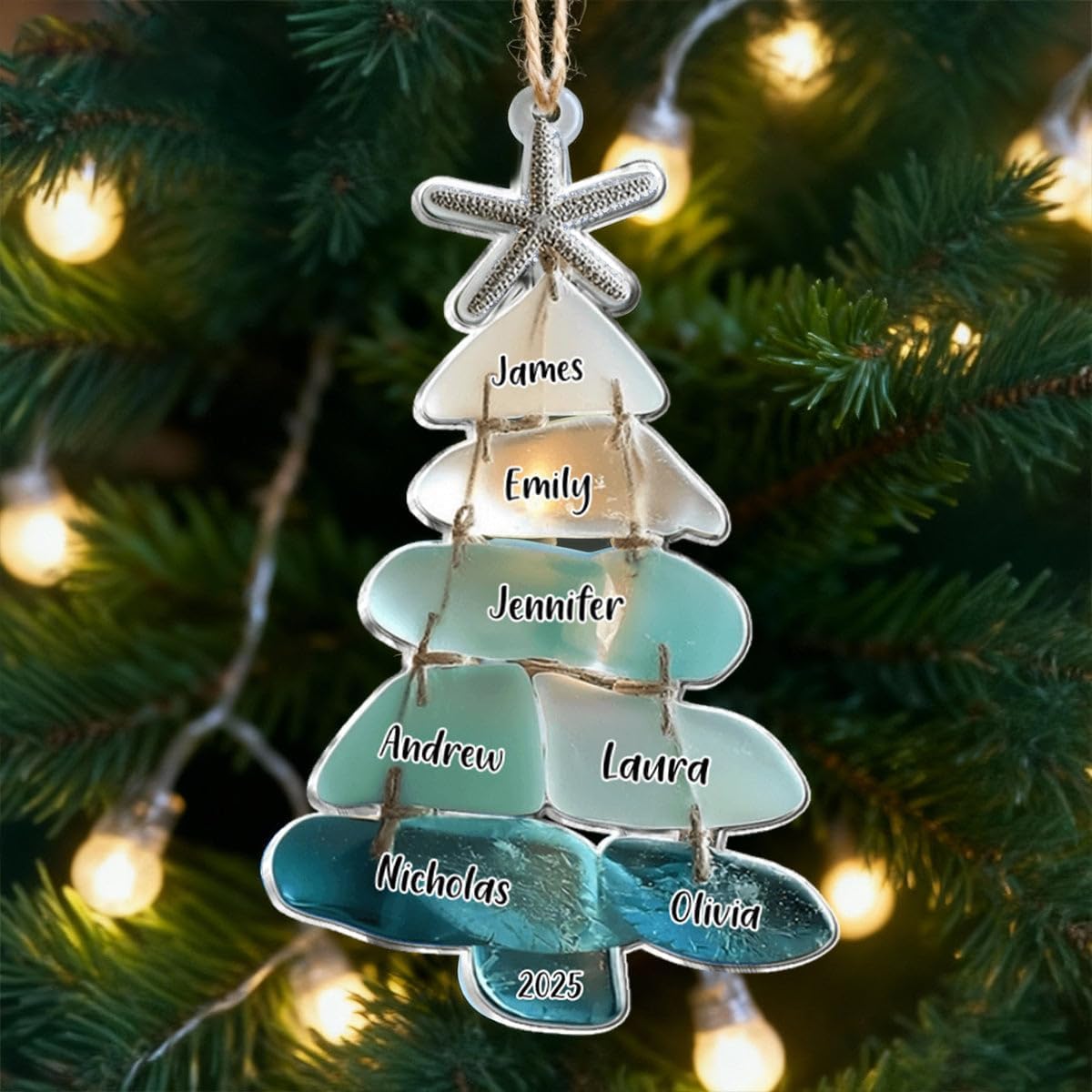Family Name Sea Glass Christmas Tree - Personalized Family Acrylic Ornament, Personalized Christmas Tree Decorations Sea Glass Ornaments for Custom Name christmas tree Ornament